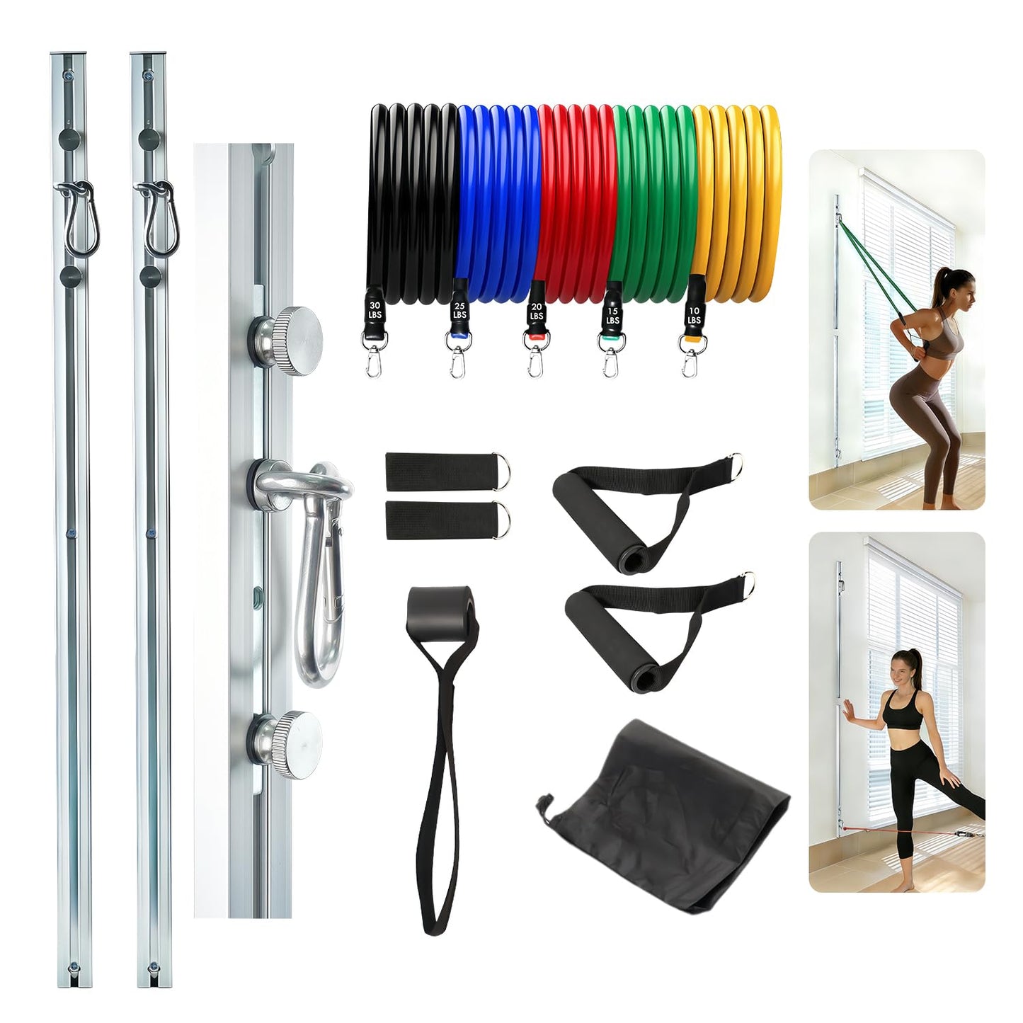 Aluminum Anchor Fitness System for Wall-Mounted - Adjustable with Five Resistance Bands, Resistance Bands Wall Mount for Strength Training, Workout Wall Anchor System, Silver 2 Pack