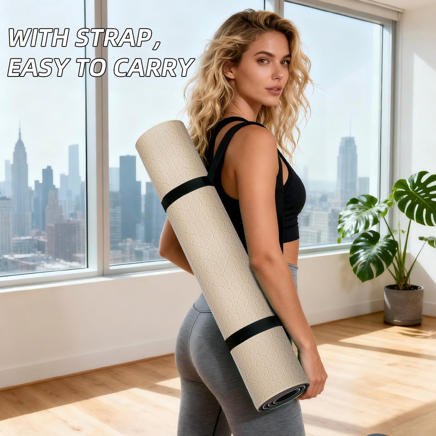 ILILI Yoga Mat 10mm Extra Thick and Extra Long, 76x28×0.4 Inch, Double Color Non-Slip TPE Material, Easy Carrying with Strap, Ideal for Yoga, Pilates, Floor Exercise, Home and Outdoor Use, Eco Friendly (Beige+Black)