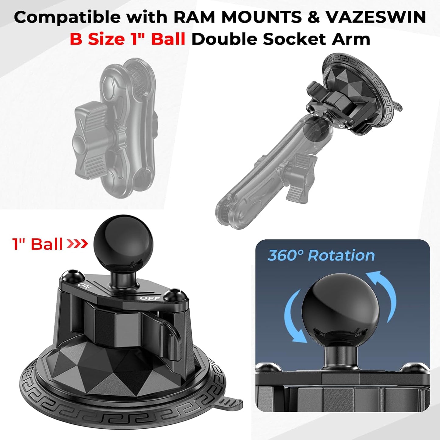 VAZESWIN 1" 3.5" 1" Insta360 Ball Twist-Lock Suction Cup Mount, Large Suction Cup Base for Vehicle Windshields
