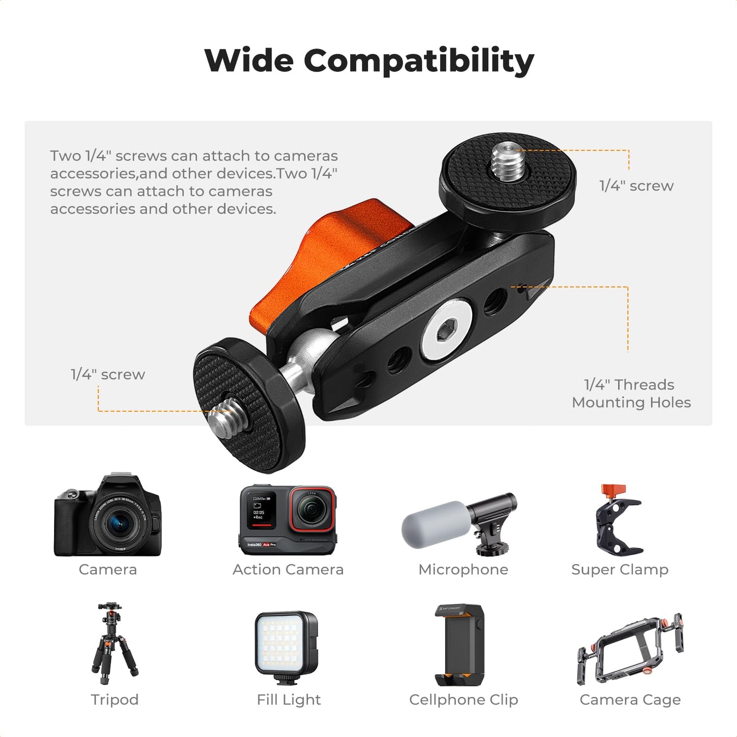 K&F CONCEPT Dual Ball Heads Magic Arm, Articulating Mini Magic Arm with 1/4" Screw, 360° Swivel Aluminum Alloy Camera Monitor Mount Arm for Camera, Light, Microphone, Monitor