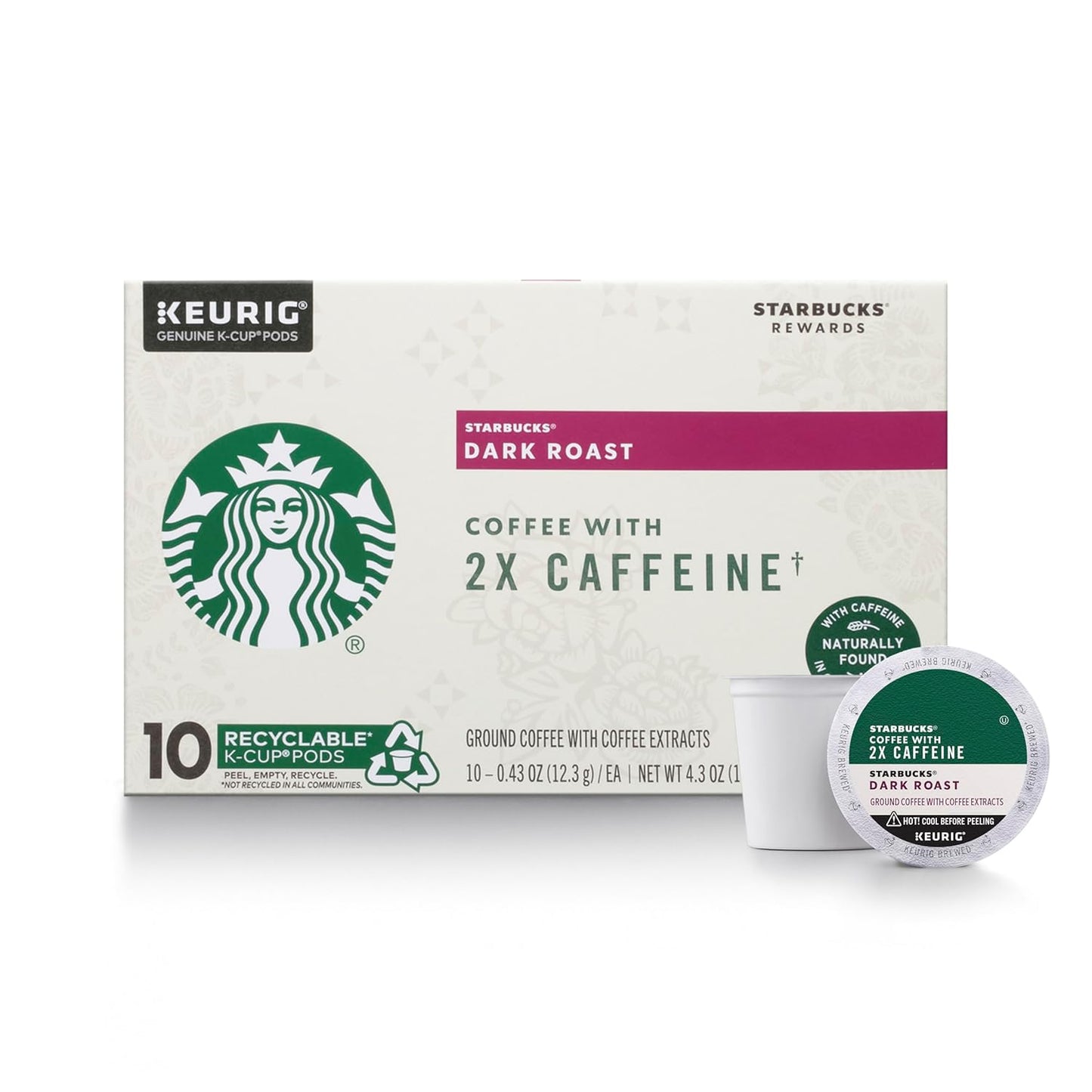 Starbucks Dark Roast K-Cup Coffee Pods - 2X Caffeine for Keurig Brewers | 60 Pods Total