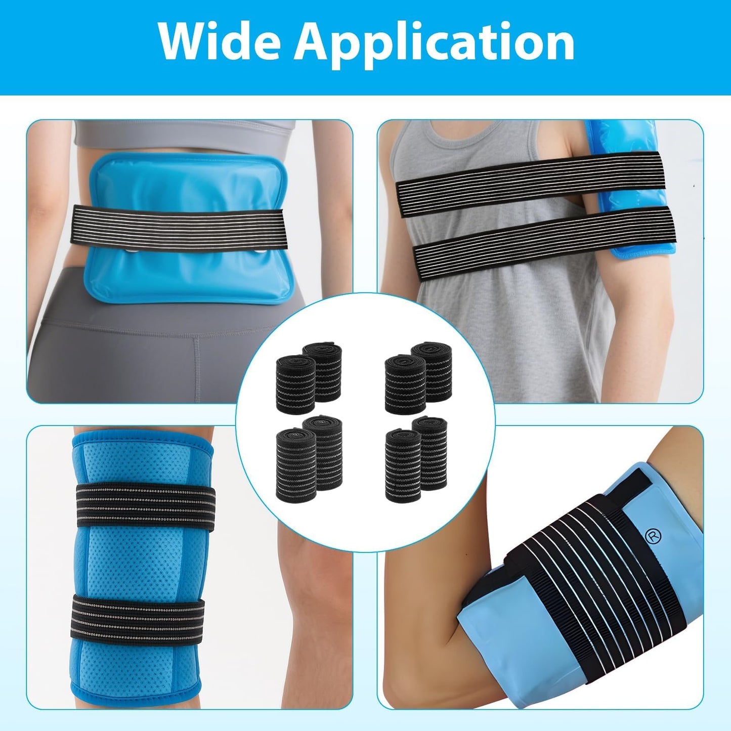 8 Pack Ice Pack Straps - 4 Sizes Elastic Wrap for Ankle Wrist Elbow Calf, Reusable Hot Cold Therapy Strap, Adjustable Ice Pack Holder, Strong Hook and Loop Reusable Ice Belt Extender