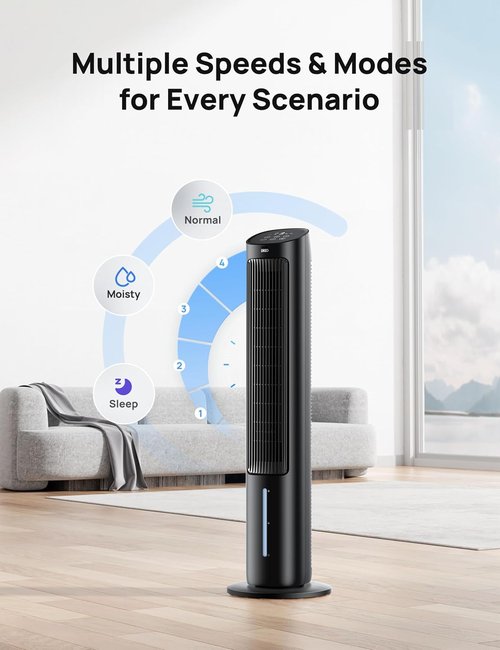 DREO 40" Tower Fan - Evaporative Air Cooler with 80° Oscillation & Remote Control | Quiet 3 Modes, Black