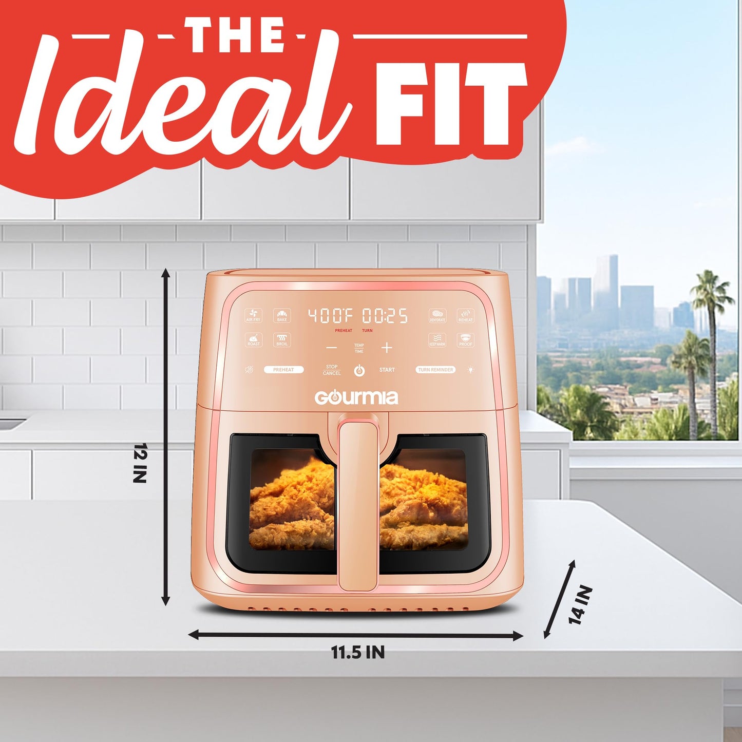 Gourmia 8 Qt Air Fryer, 8 Presets with Digital Display, FryForce 360° Technology, Easy View Window & Interior Light, Dishwasher Safe Basket, Peach