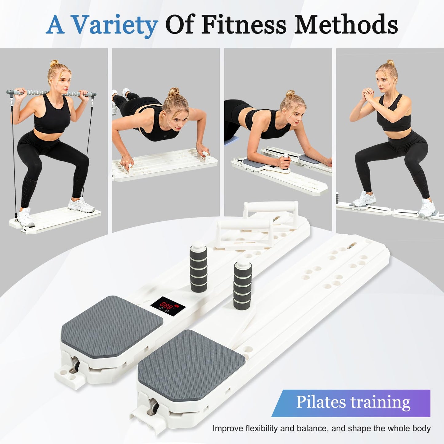 Pilates Reformer Board Set 12-in-1 Portable Pilates Board for Home Workout Core & Abs Toning Full Body Sculpting Equipment White