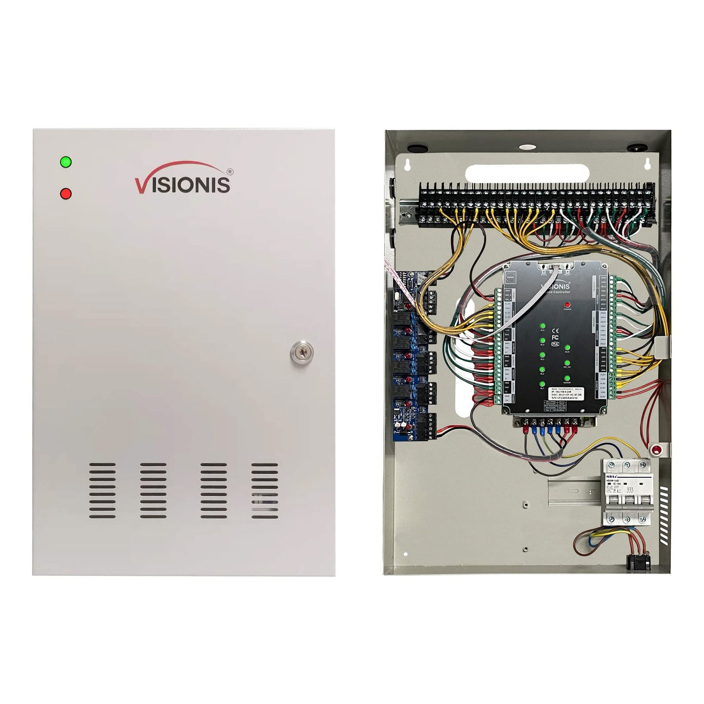 Visionis VS-AXESS-4DLX Version 2 Four Door Professional Access Control Panel Controller Board and Power Supply Cabinet with TCP/IP Wiegand Software 20,000 Users + Fire Alarm Extension Board
