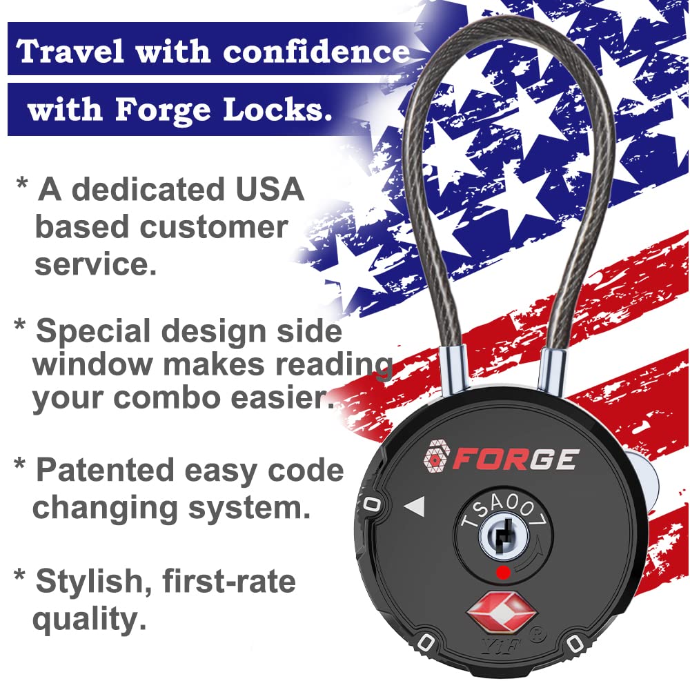 Forge Quality TSA Approved Luggage Locks for Travel Accessories, Suitcase, Pelican case, Ammo Boxes, Set Your own Combination, Zinc Alloy Body-Cable Black 2 Locks