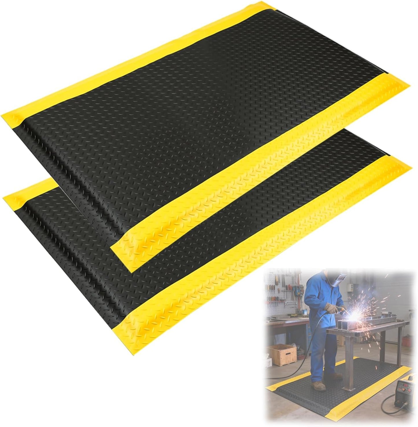 2 Pack 2 x 3 FT Industrial Anti Fatigue Mats, 15/16 Inch Thick Soft Sponge Ergonomic Mat, Nonslip Diamond Plate Work Mat, for Relieving Soreness in The Back and Legs