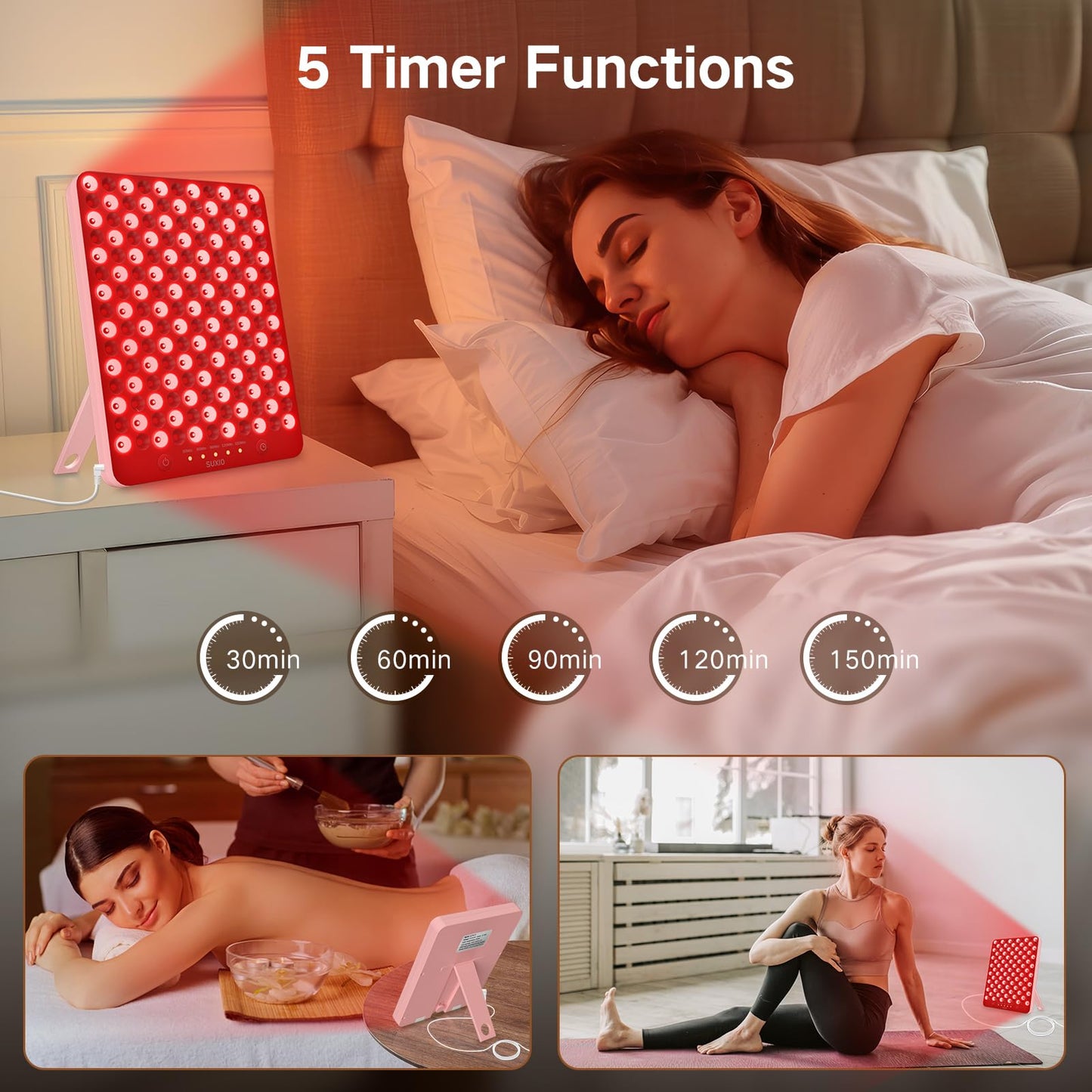 SUXIO Red Light Therapy Lamp - 165 LED Red Light Therapy Panel for Face & Body, Portable Deep 660nm - 850nm Near Infrared Light Therapy Device with Eye-Patch, Pink
