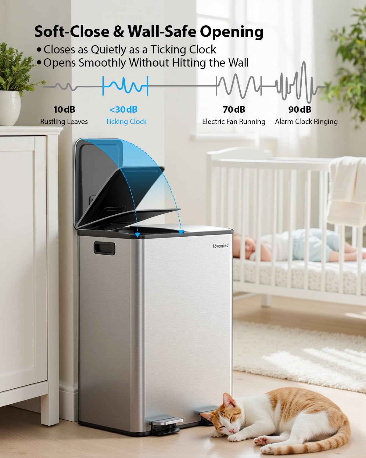 Lovewind Kitchen Trash Can, 2 x 8 Gallon (2 x 30 L) Stainless Steel Trash and Recycle Bin Combo with Soft-Close Lid, Dual Compartment Recycling Kitchen Step Trash Bin, Silver