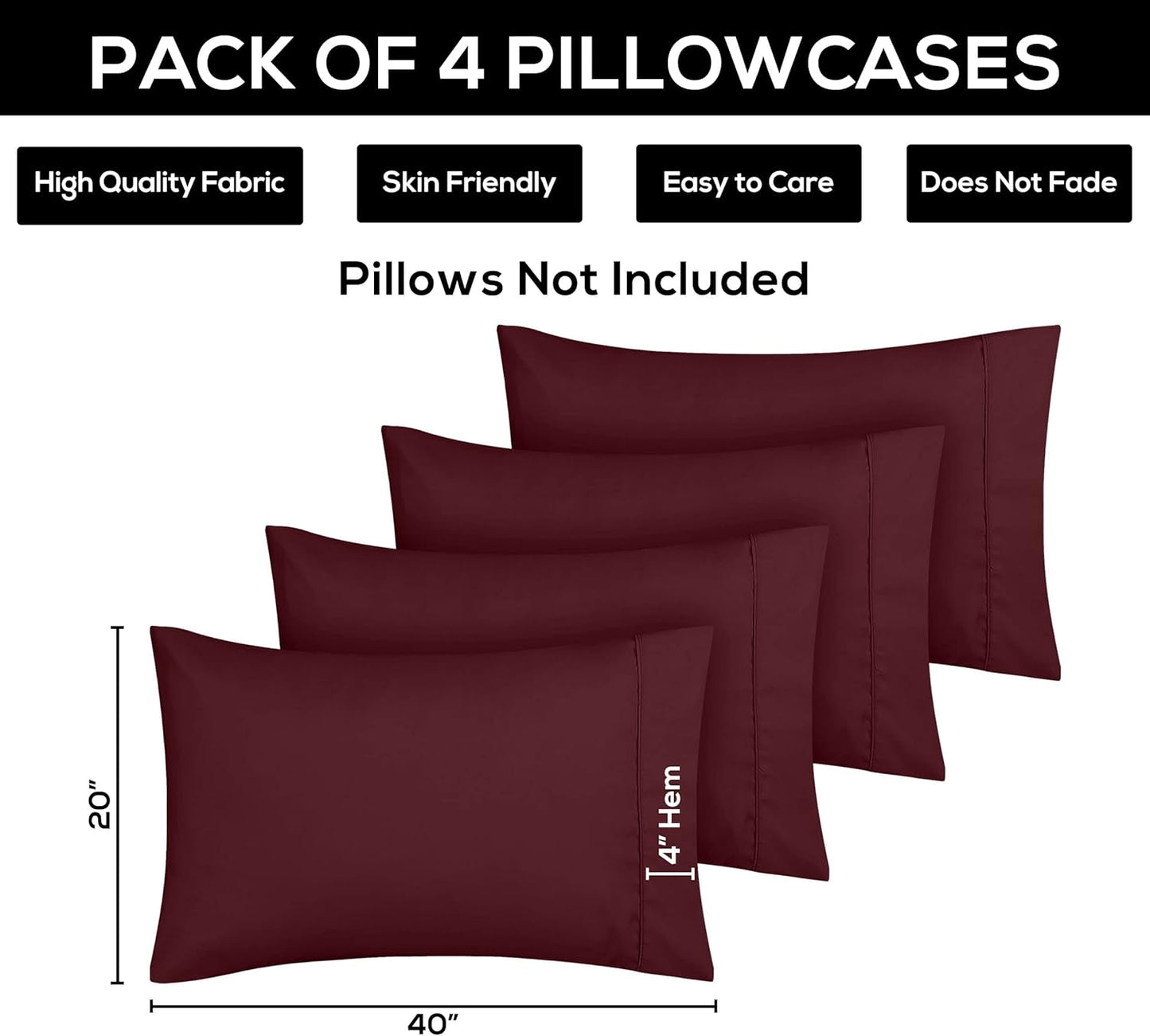 Utopia Bedding King Pillow Cases - 4 Pack - Soft Brushed Microfiber - Fade Resistant 20 X 40 Inches (Burgundy)