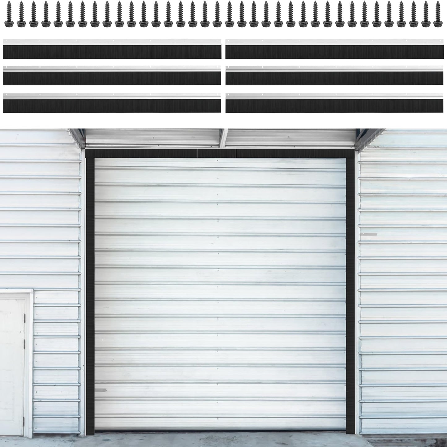 8 x 8 ft Garage Door Seal Kit, 3" Thickened Nylon Bristles with Aluminum Track, Heavy Duty Weather Roll Up Door Seal, for Commercial, Barn, Warehouse, Corrugated Doors, 2 Top & 4 Side Brushes