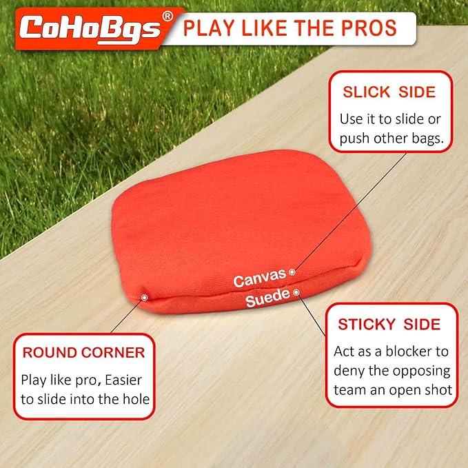 CoHoBgs Corn Hole Bags Set 8, Professional Cornhole Bags Dual-Sided Slick & Stick Resin Filled Suede and Duck Canvas Bean Bag for Cornhole Game Includes Carry Case