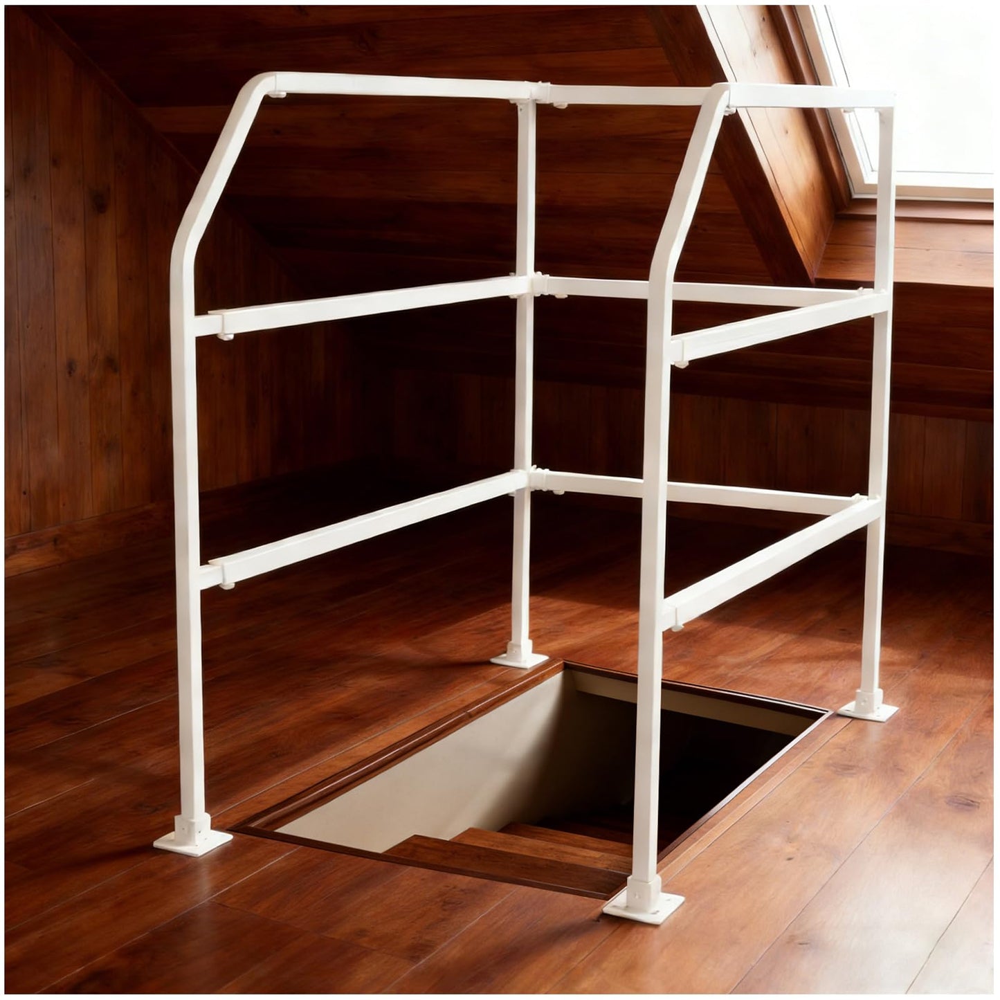 39"-51"Lift Attic Ladder Safety Railing,Attic Ladder Climbing Assistance Railing,Three-layer Adjustable Loft Handrail,3 Sided Carbon Steel Guardrail Ascend Descend at House/Garage/Storage Loft (White)