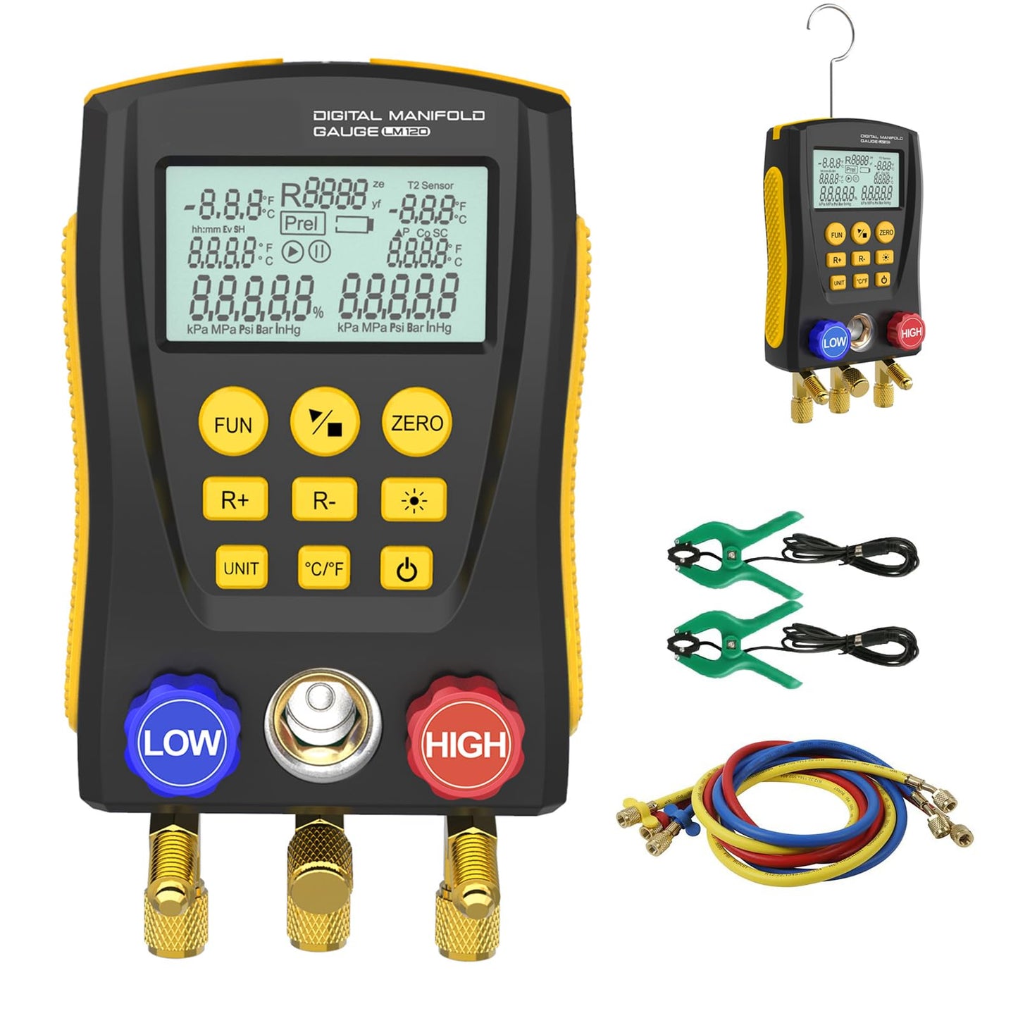 Digital Manifold HVAC Gauge Set, 92 Refrigerants Dual Pressure & Temp Test with Temperature Clips & Hoses, AC Vacuum Gauges for R1234YF R134A R404A R410A R32 R744 Refrigeration Recharge Kit, LM120+