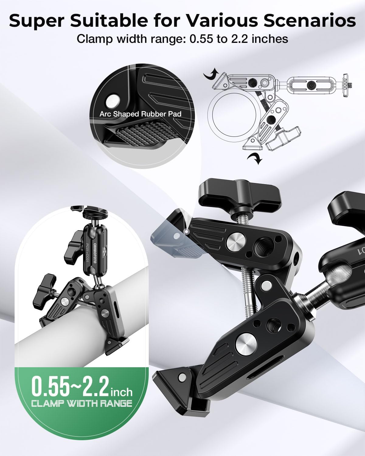 CAMBOFOTO 360 1/4"-20 3/8"-16 Camera/Gopro/Ronin-M/MOVI/Insta360/Tripod/Desk Super Clamp Camera Mount, Dual Ballhead