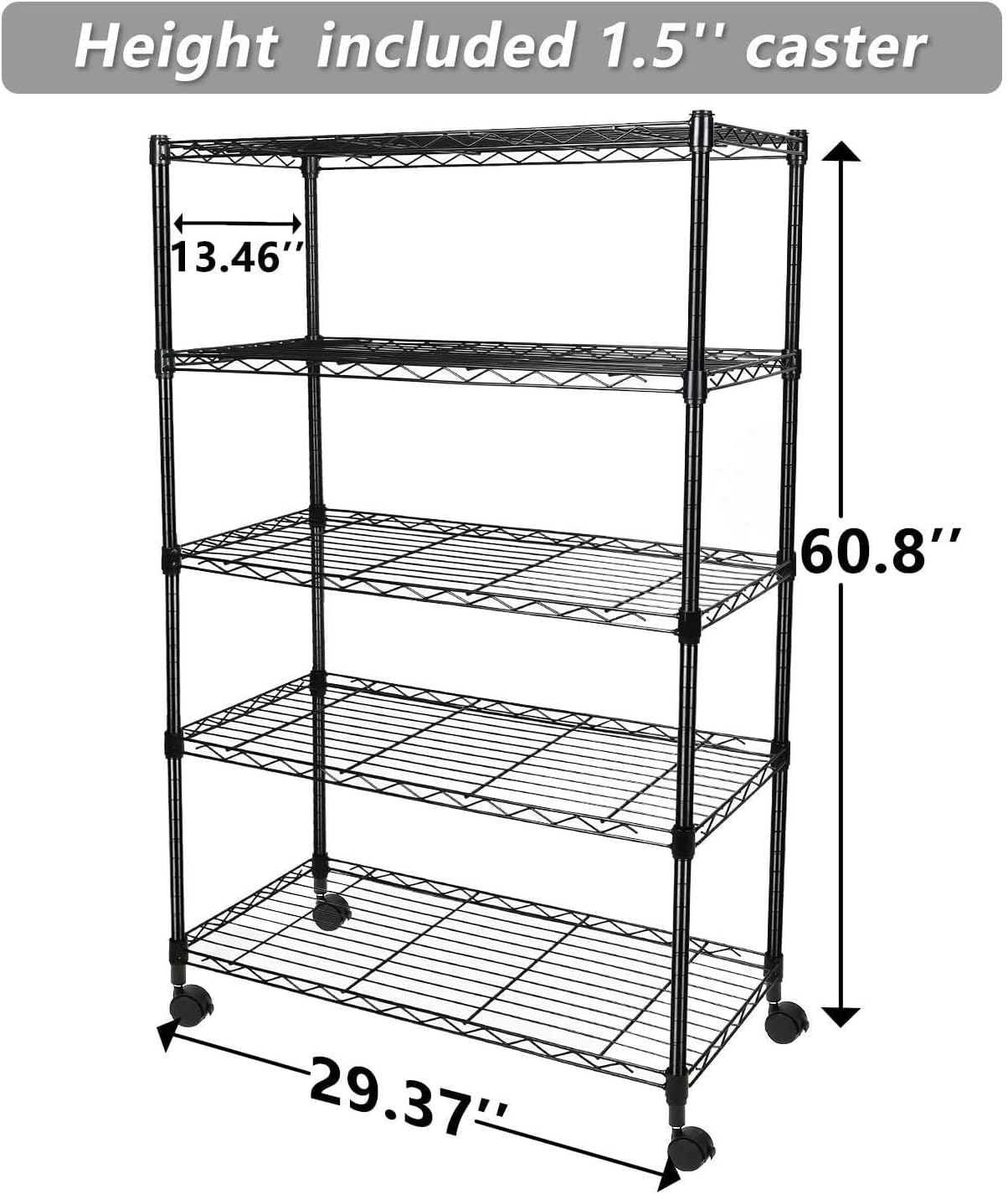 Simple Deluxe Heavy Duty 5-Shelf Storage Unit - 1250lbs Capacity | 29.92" D x 13.98" W x 61.09" H, Black