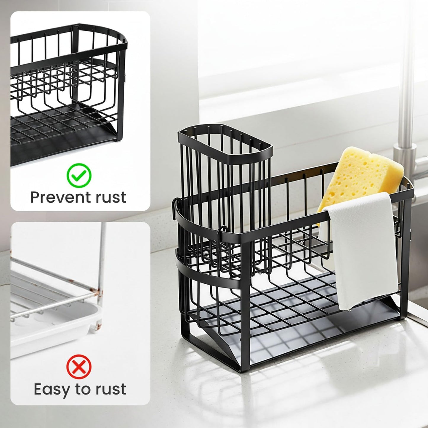 UEFFNR Kitchen Sink Organizer Caddy, 2 Tier Sink Caddy Organizer with High Brush Holder, Rust-Proof Countertop Rack (Black 10.6 * 4.3 * 5.7") for Kitchen Accessories & Dish Brushes