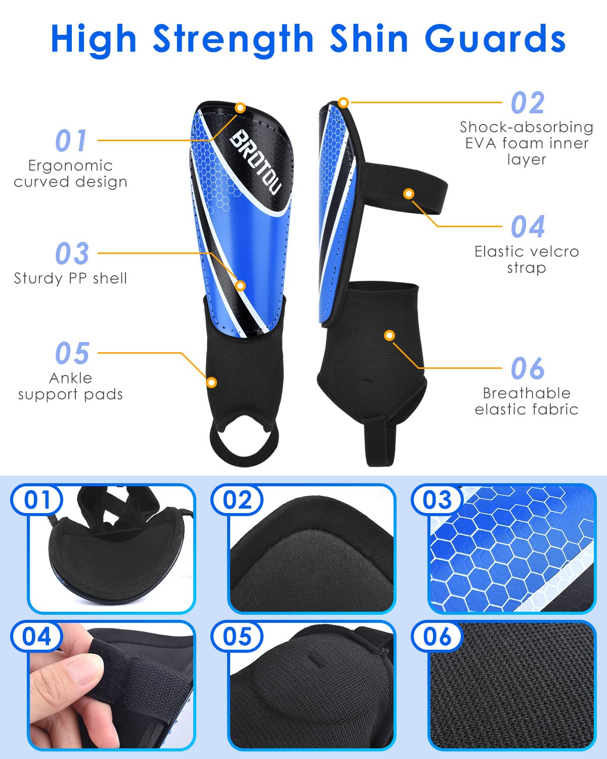 BROTOU Shin Guards Soccer Youth, Soccer Shin Guards for Kids 3-15, Light Weight Adjustable Straps Shin Pads Protection Equipment with Ankle and Leg Calf Protection (S, Blue)