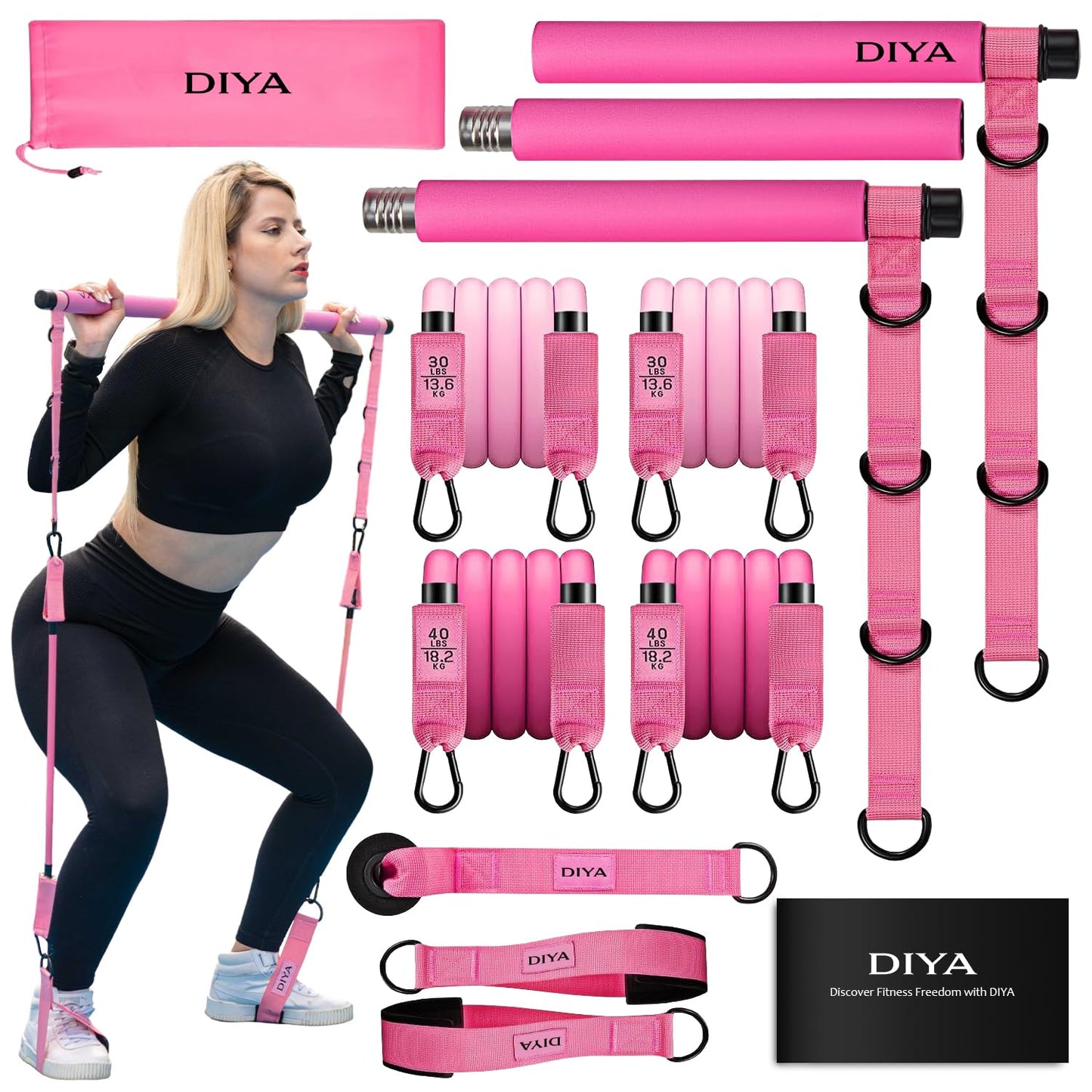 DIYA Pilates Bar Kit with Resistance Bands 140 lbs – Adjustable Portable Home Gym Workout Equipment for Women & Men – Full Body Fitness Bar for Legs, Glutes, Arms, Core & Back