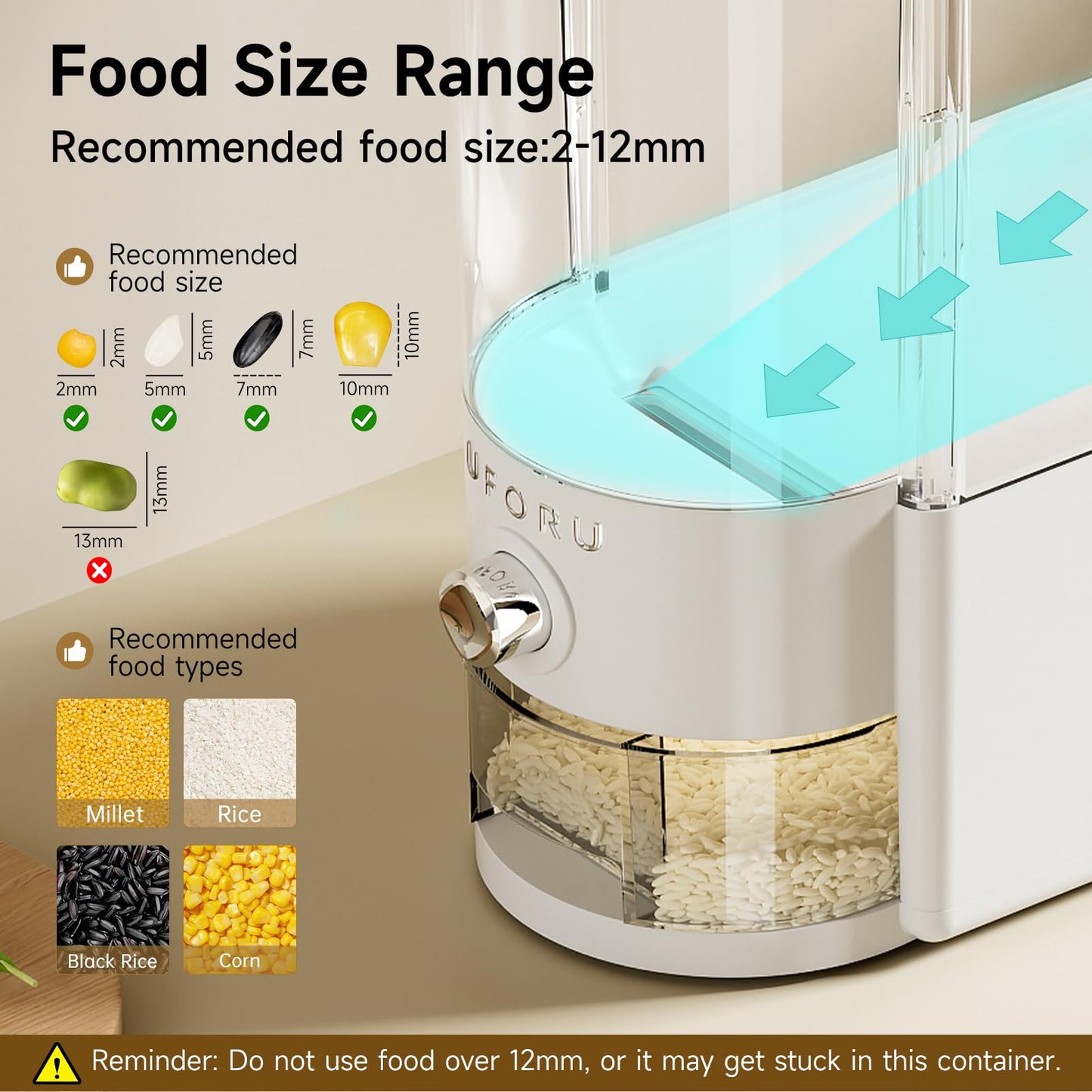 UFORU Rice Dispenser 20 lbs | Large Rice Storage Container for Kitchen&Pantry - Space-saving, Moisture & Pest-proof, BPA-Free - Dry Food Dispenser with One-Touch Dispenser & Measuring Cup for Families