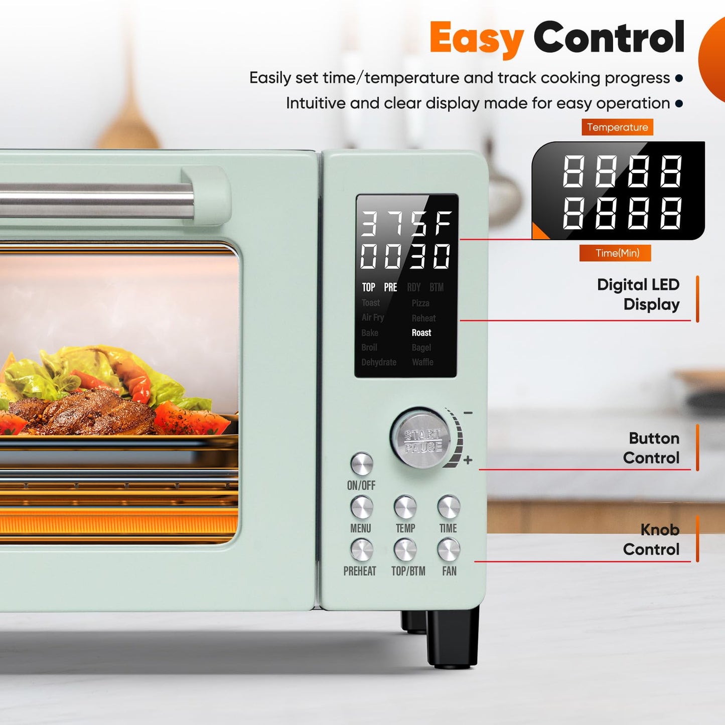 Nuwave Bravo Pro Smart 21QT Toaster Oven Air Fryer Combo, Convection Oven Countertop, 10 functions all in 1, with even & quick crisp technology, 50-450°F, 1800W, Mint Green
