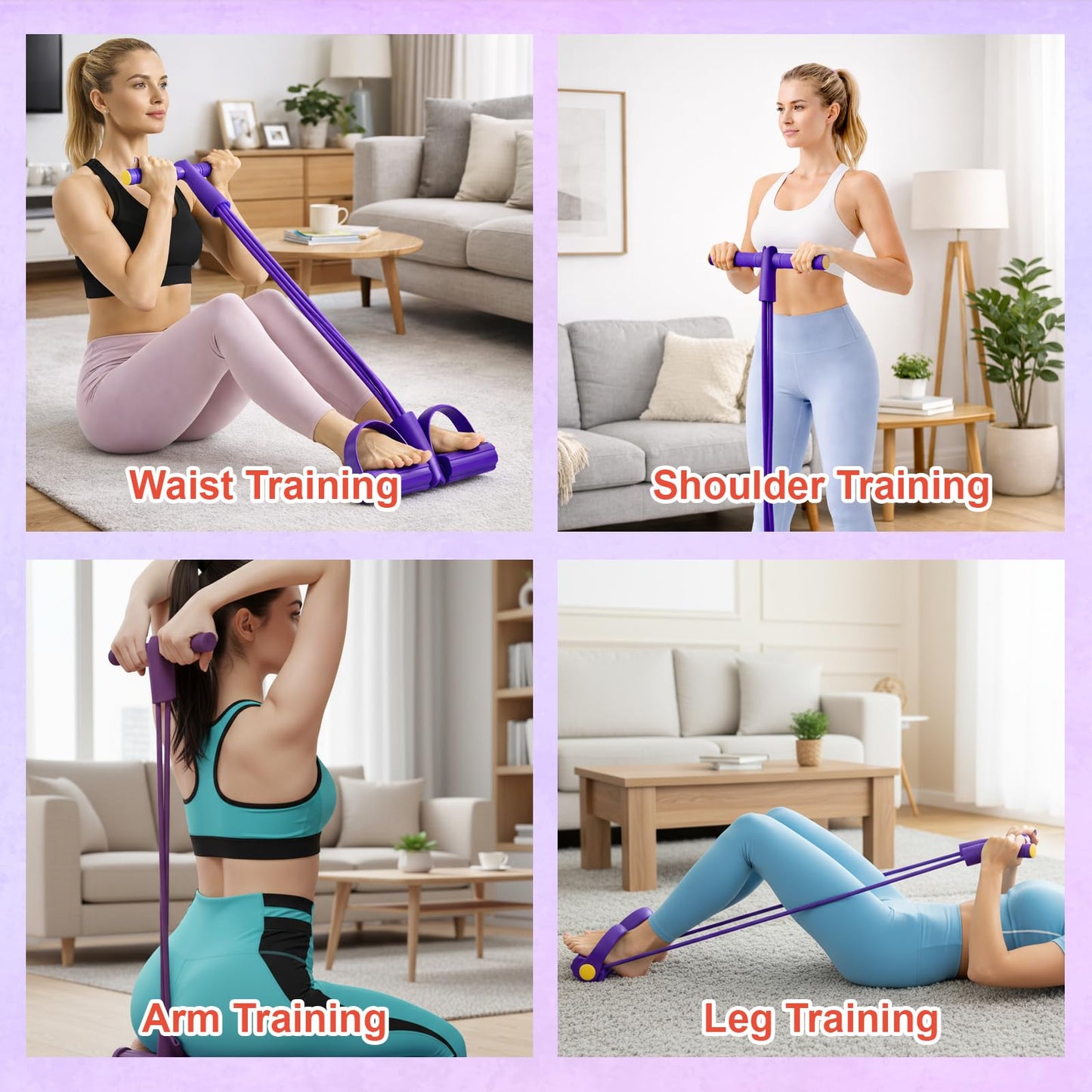 Pedal Resistance Band with Handle, Multifunction Foot Pedal Resistance Band, Full Body Resistance Bands for Home Workout and Office Exercise, Purple 6-Tube Pedal Resistance Band