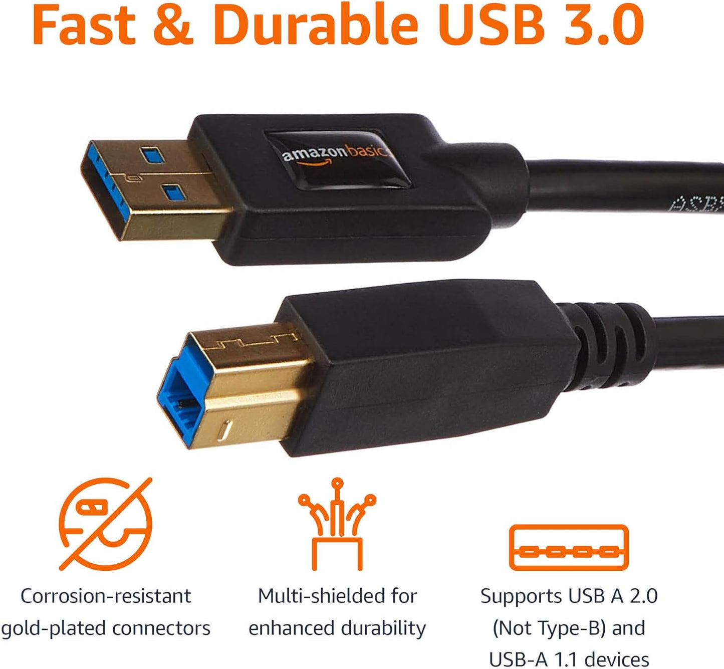 3.0 4.8Gbps 6 Amazon Basics USB-A to USB-B Cable, High-Speed with Gold-Plated Plugs, Foot, Black