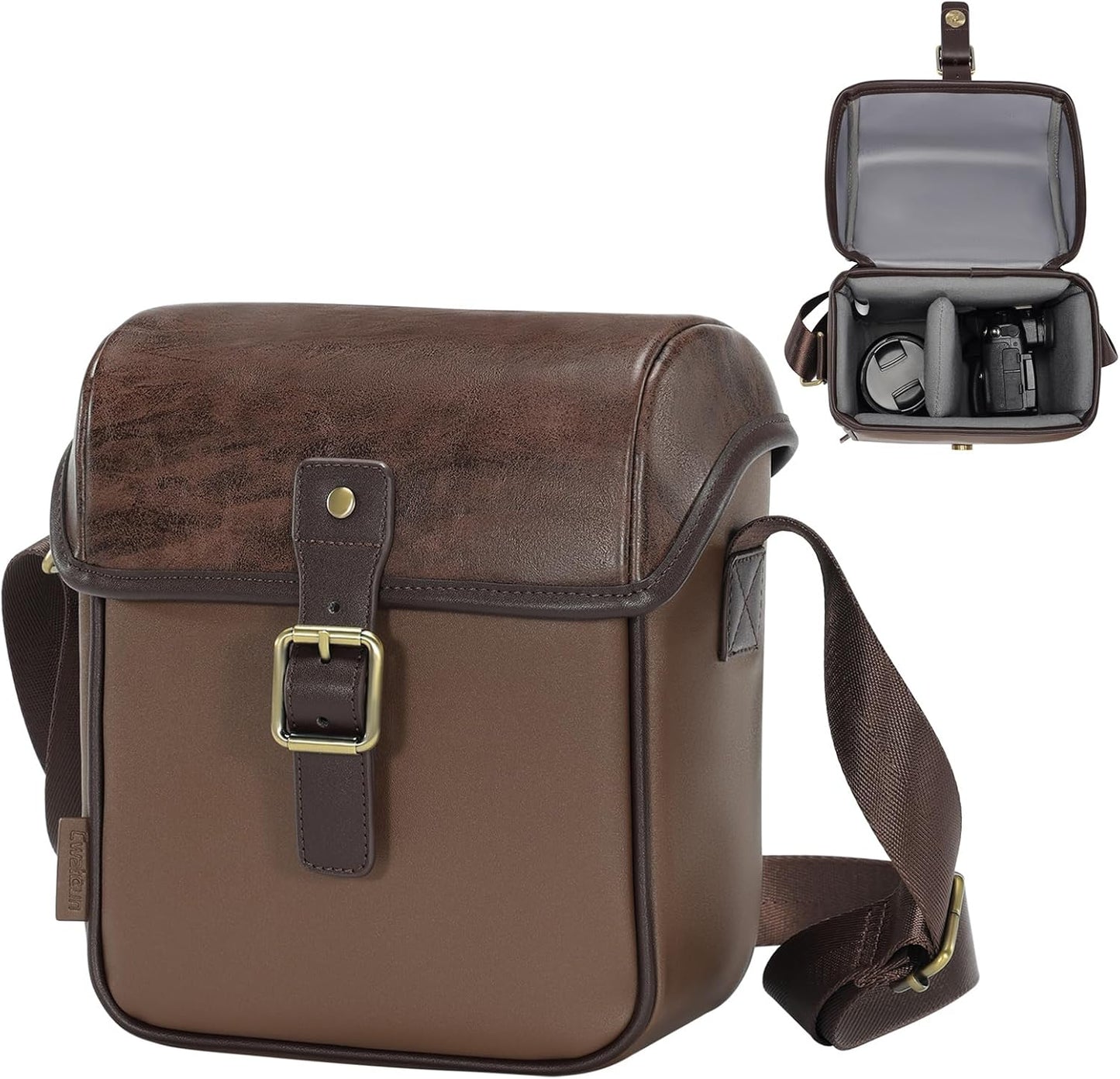 Cwatcun Camera Sling Bag PU Leather for PhotographersSmall Camera Bag Water-resistant Shockproof Case with Removable