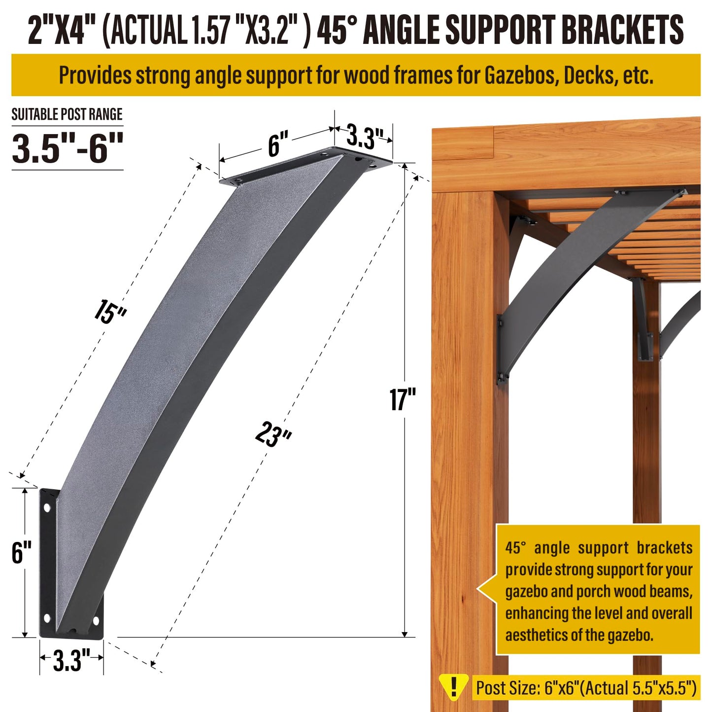 Epcee Heavy Duty 45 Degree Angle Support Bracket 2"×4" (Actual: 1.5"×3.2") Wood Beam Support Hardware Degree Post Bracket for Gazebos Pagola Porches 4Pcs