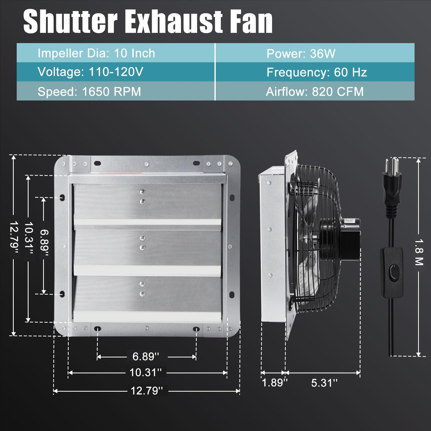10 Inch Upgraded Shutter Exhaust Fan with Speed Controller & Thermostat, 820 CFM Wall Mounted Exhaust Fan, Ventilation Attic Fans for Greenhouse, Garage, Warehouse, Shed, Basement, Chicken Coop