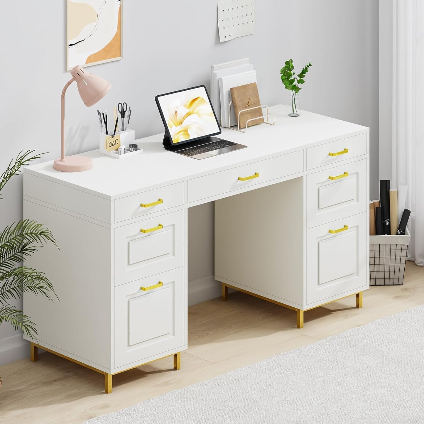MaverickFurni White and Gold Desk with 2 File Drawers, 57 Inch Office Computer Desk with 7 Drawers, White Desk with Storage, Wooden Executive Desk for Office, Workspace for Work Study Writing