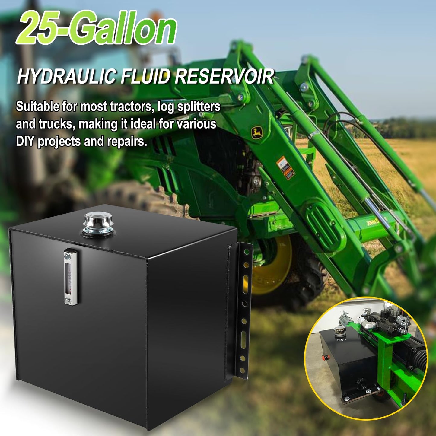 25-Gallon Hydraulic Fluid Reservoir Oil Tank For Tractors, Trucks & Log Splitters, Built-in Sight Gauge/Temp Gauge Combo, 2" Wide Fill Port, Heavy Duty Steel Construction, Side Vertical-Mount