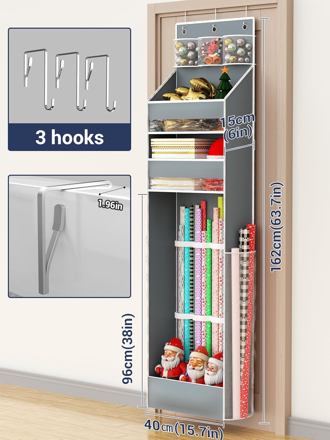 Regine Switzerland Hanging Gift Wrapping Paper Storage - Long Craft Roll Organizer in Grey