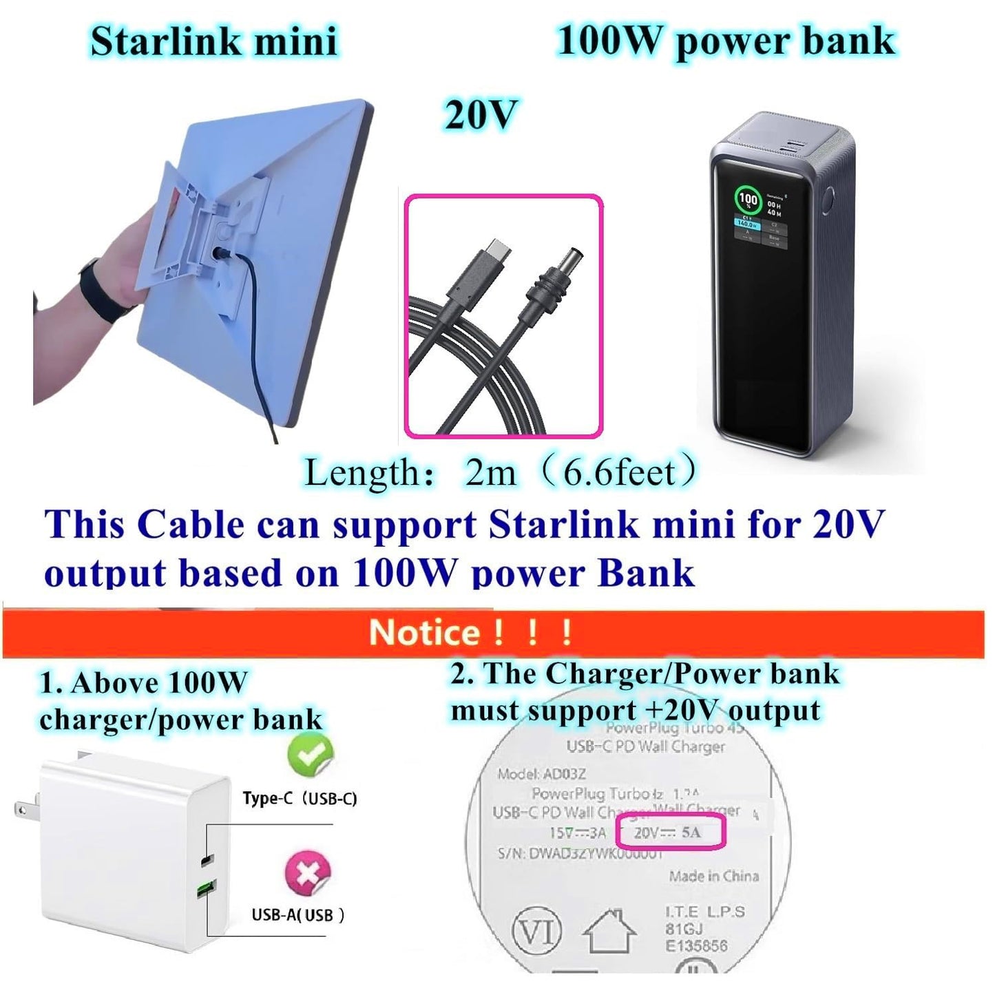 10ft 20V 5.5 2.1mm 100W USB C to DC Power Cable Adapter for Starlink Mini Accessories Input Type C Male to DC x Female
