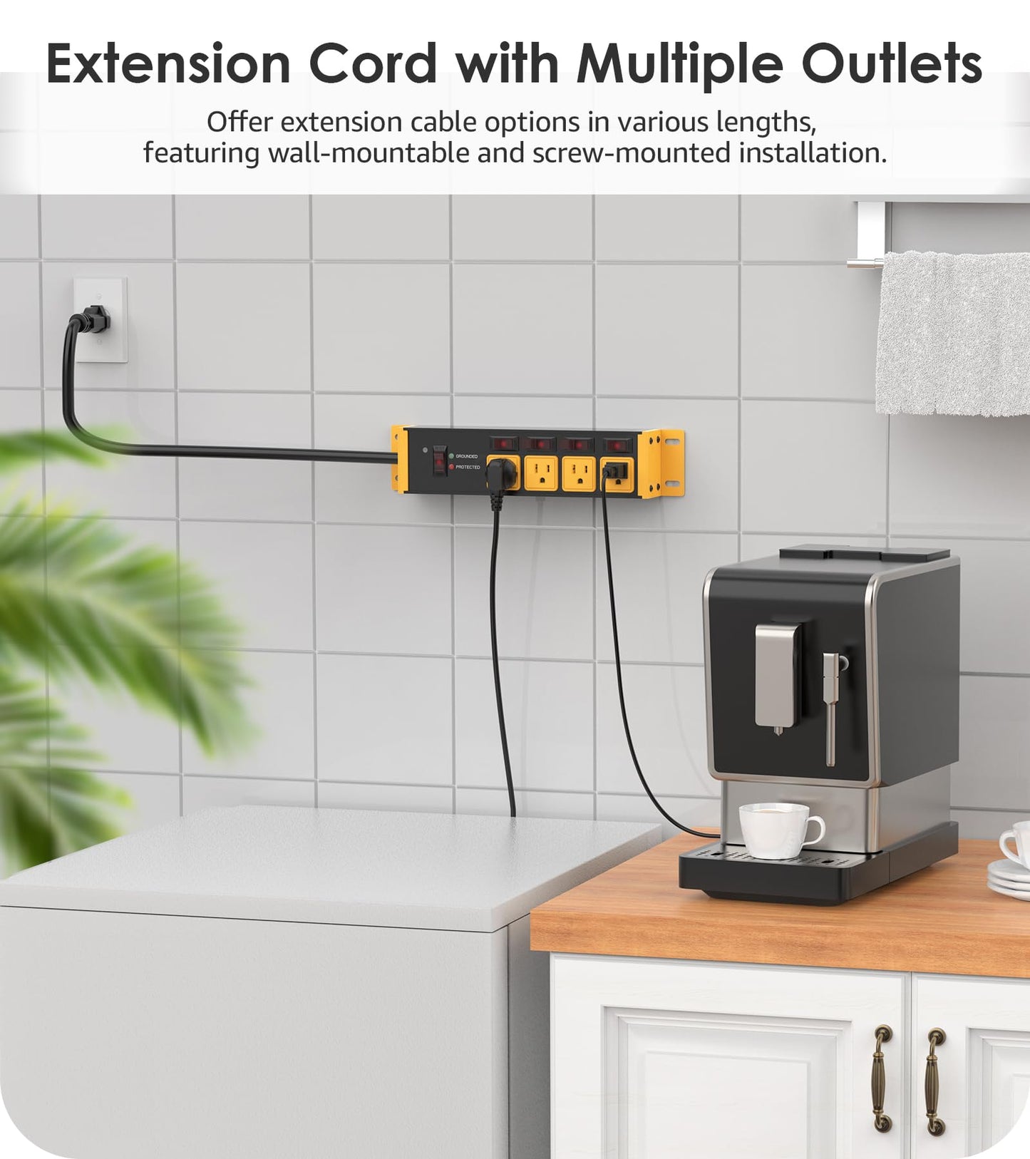 CCCEI 12 Gauge Outdoor Long Extension Cord with Multiple Outlets, 20 Amp Individual Switches Heavy Duty Surge Protector Power Strip, Garage Wall Mount Outlet Extender. 100 FT, Yellow.