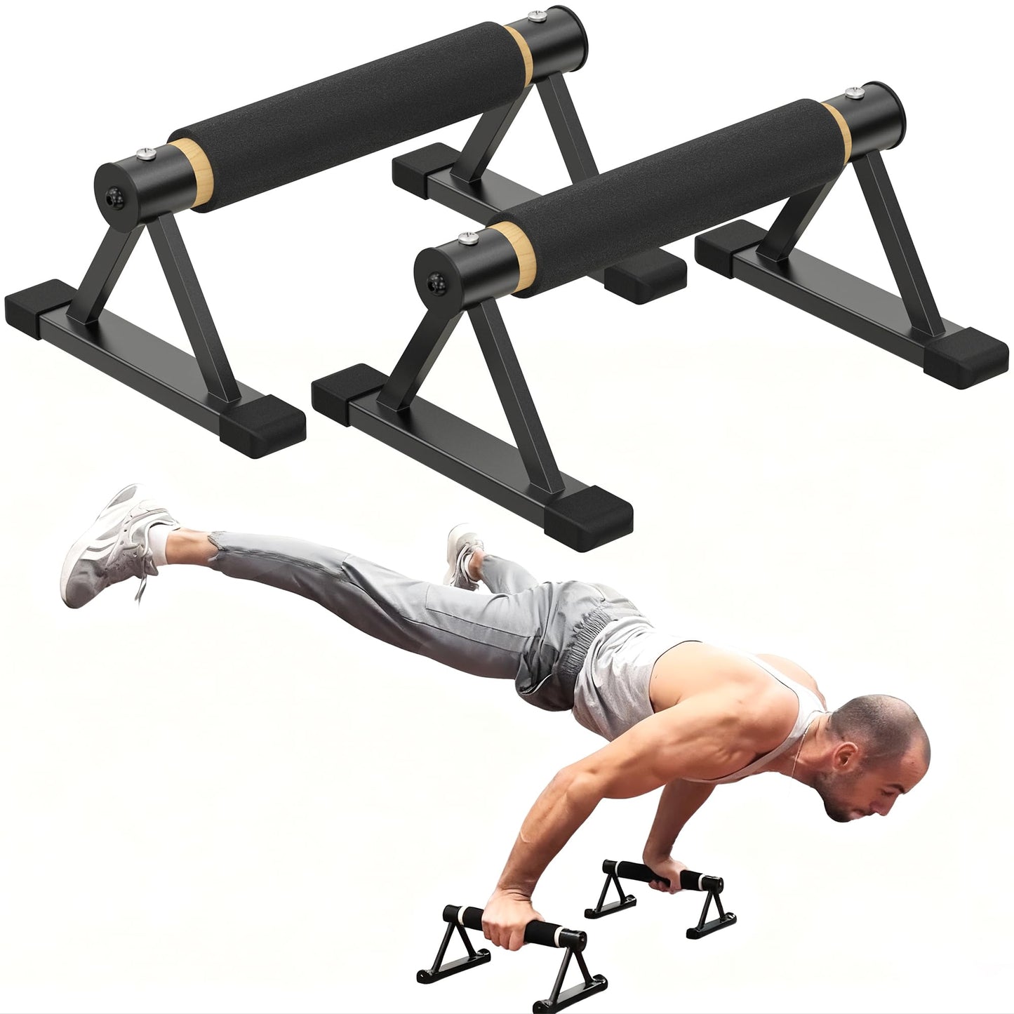 Wood Parallettes Push Up Bars, Solid Wooden Handstand Bars with Anti-Slip Grip, Sturdy Metal Bracket Supports 600 lbs for Calisthenics, Fitness and Floor workout