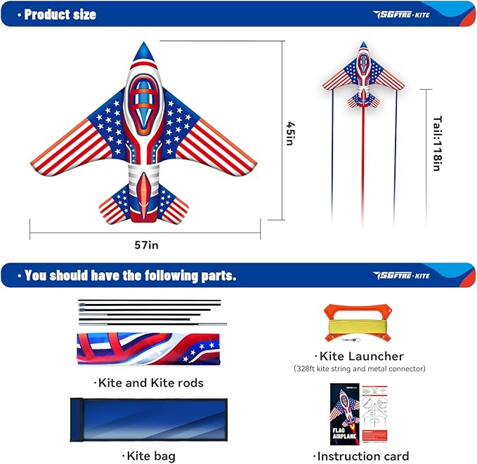 Flag Airplane Kite Easy to Fly Kids Kites for Ages 3-5, Huge Size Durable Beach Kite for Family Outdoor Games & Activities, Perfect for Kids and Adults (Flag Airplane Red Blue)
