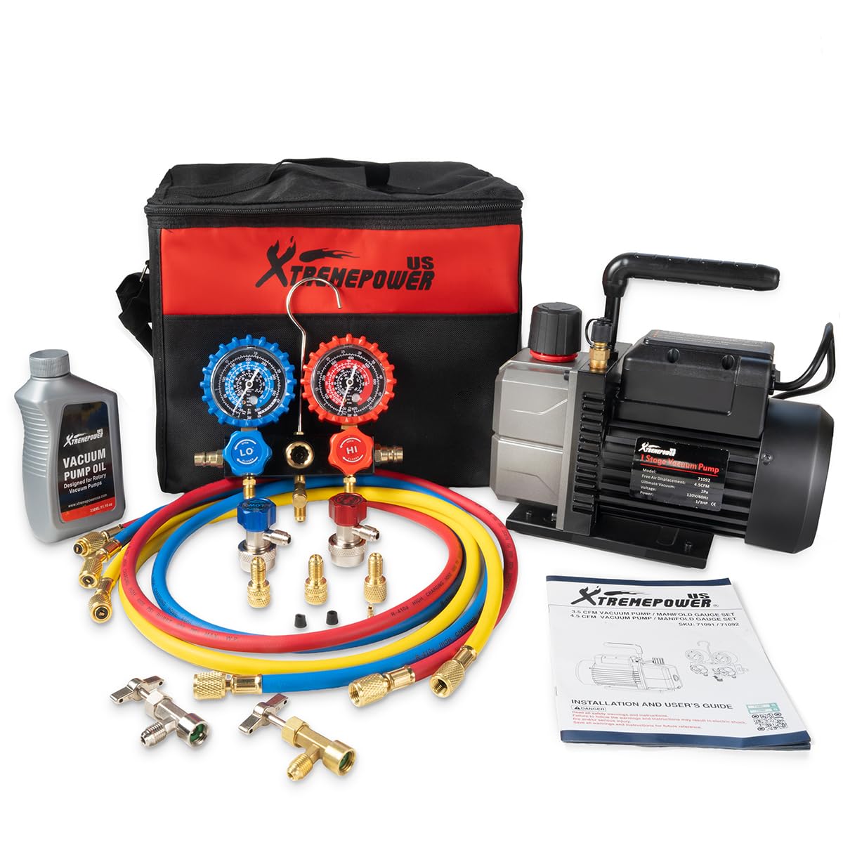XtremepowerUS 4.5 CFM AC Vacuum Pump & 1/3HP Manifold Gauge Set HVAC Systems Commercial Use Refrigerant Service Kit with Hoses & Can Taps R134, R22, R410a Gauge
