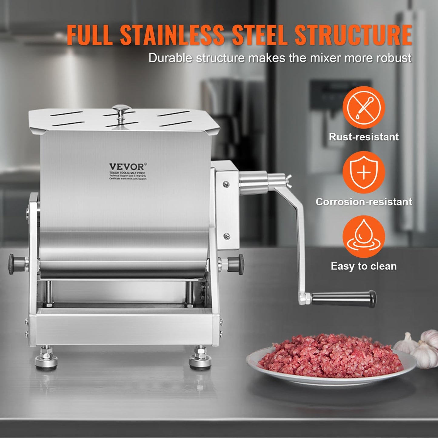 VEVOR Manual Meat Mixer, Tilt Tank Meat Mixer, 60 lbs Max. Meat Mixing Capacity, Stainless Steel Meat Processing Equipment, Sausage Mixer Machine with Lid and Handle, Ground Beef Hand Mixer, Silver