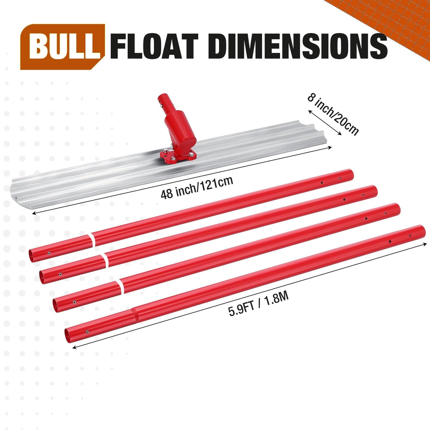 EliteEdge 48"X8" Bull Float Kit Aluminum Magnesium Alloy Concrete Float with Carrying Box Adjustable Bracket and 4 Handles