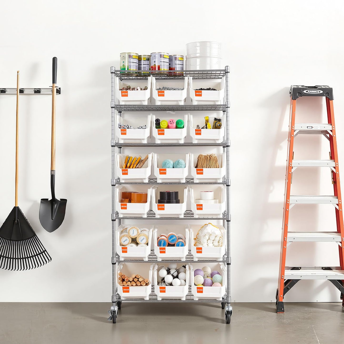VEVOR 7-Tier Rolling Bin Storage Rack, 18 Organizer Bins, Bin Rack Storage Steel Wire Shelving System with Wheels, Mobile Tool Organizer for Garage, Warehouse, Office, Restaurant, Classroom, Kitchen