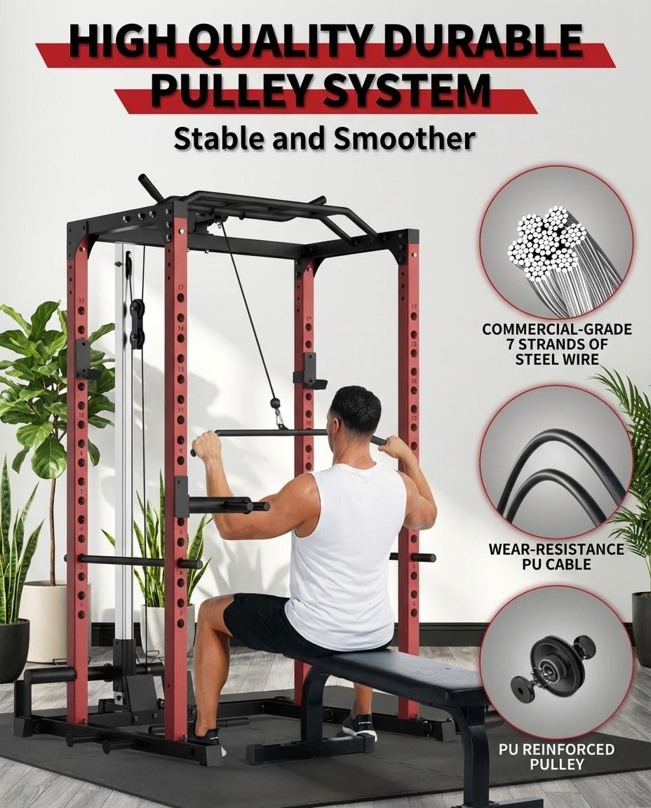 ExploreHorizon All-in-1 Power Cage with Pulley System, 1200LBS Multi-Functional Squat Rack for Home Gym, Weight Cage Includes LAT Pulldown, Dip Bars and More Attachments