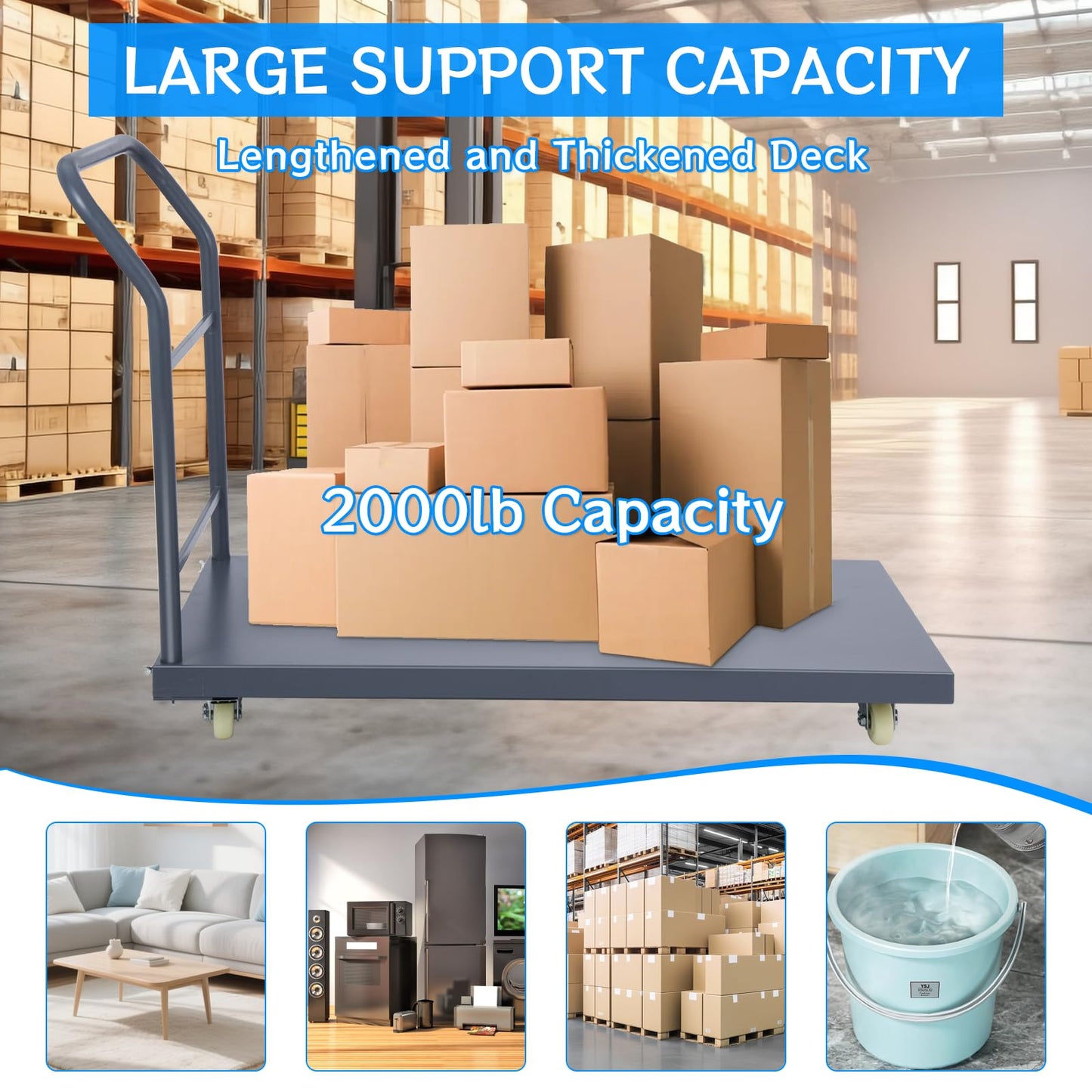 Heavy Duty Flatbed Cart 48"x30" Platform Truck with 4 Swivel Wheels, 2000 lbs Capacity Steel Hand Truck, Industrial Utility Push Cart for Warehouse Garage and Moving