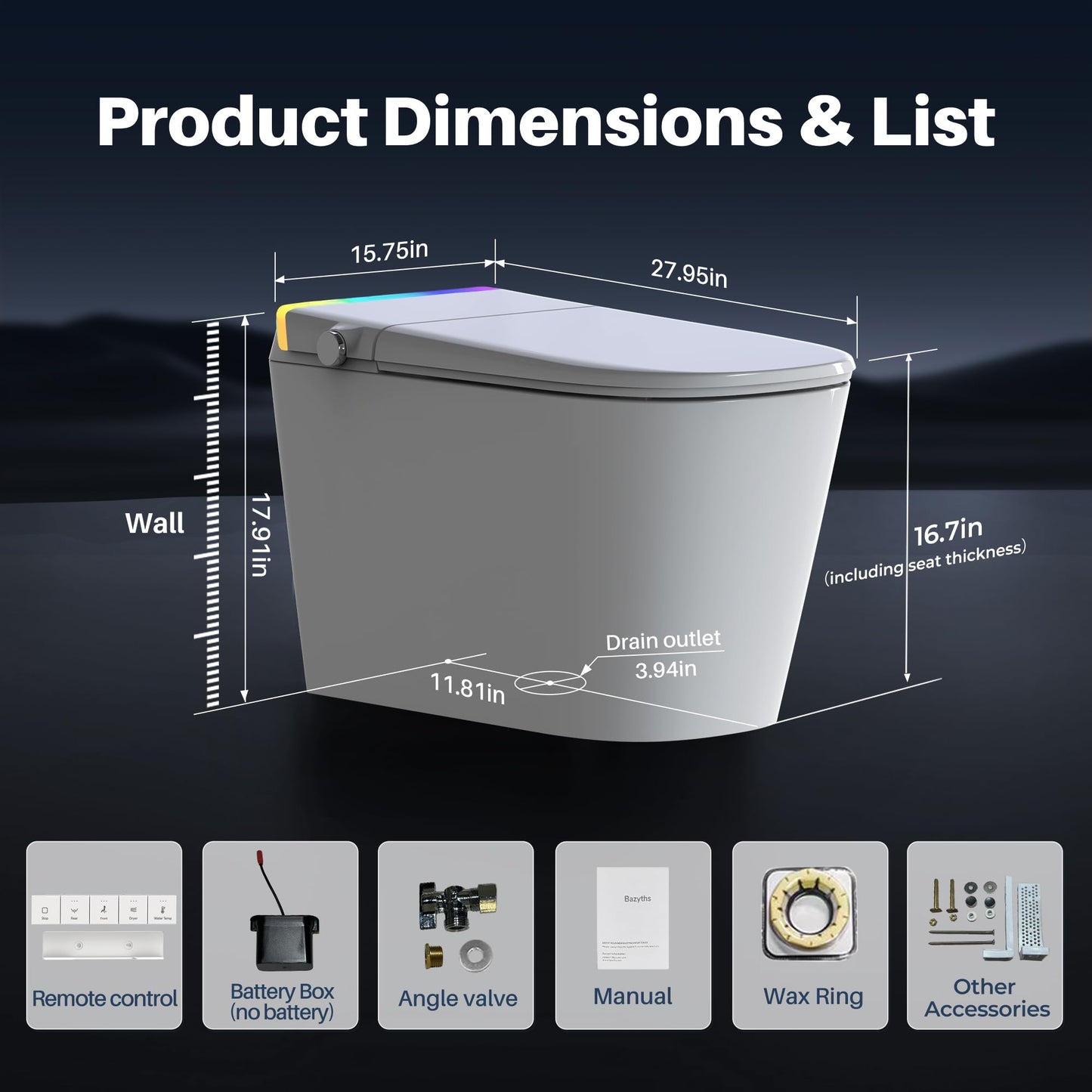 Bazyths Luxury Smart Toilet with Built-in Tank & Bidet– Ultra-Quiet 4s Flush, Foam Shield for Splash-Free, Auto Open/Close Lid, Foot Sensor, Dual User Memory, 12” Rough-In One-Piece Elongated(ZY760A)