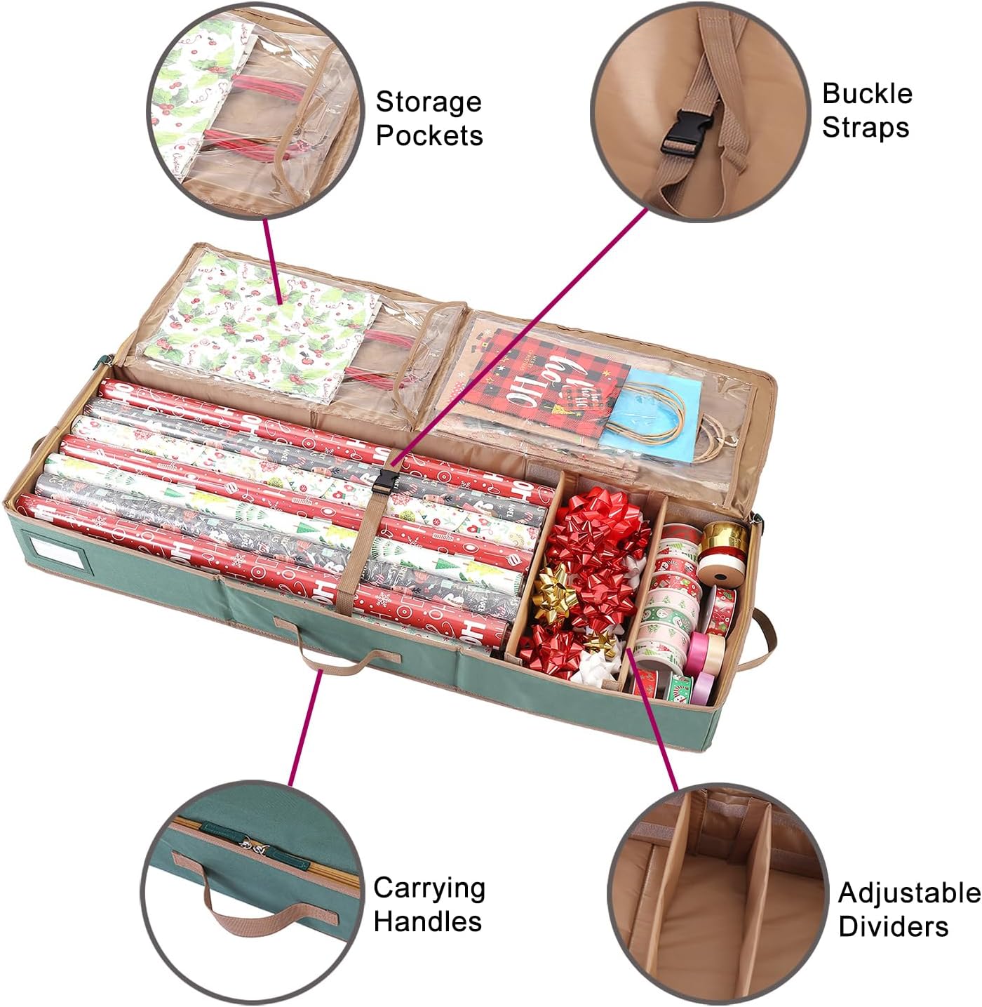 Sattiyrch Wrapping Paper Storage - Durable 600D Canvas Holder for Up to 20 Rolls | 42W x 14D x 5H (Green)