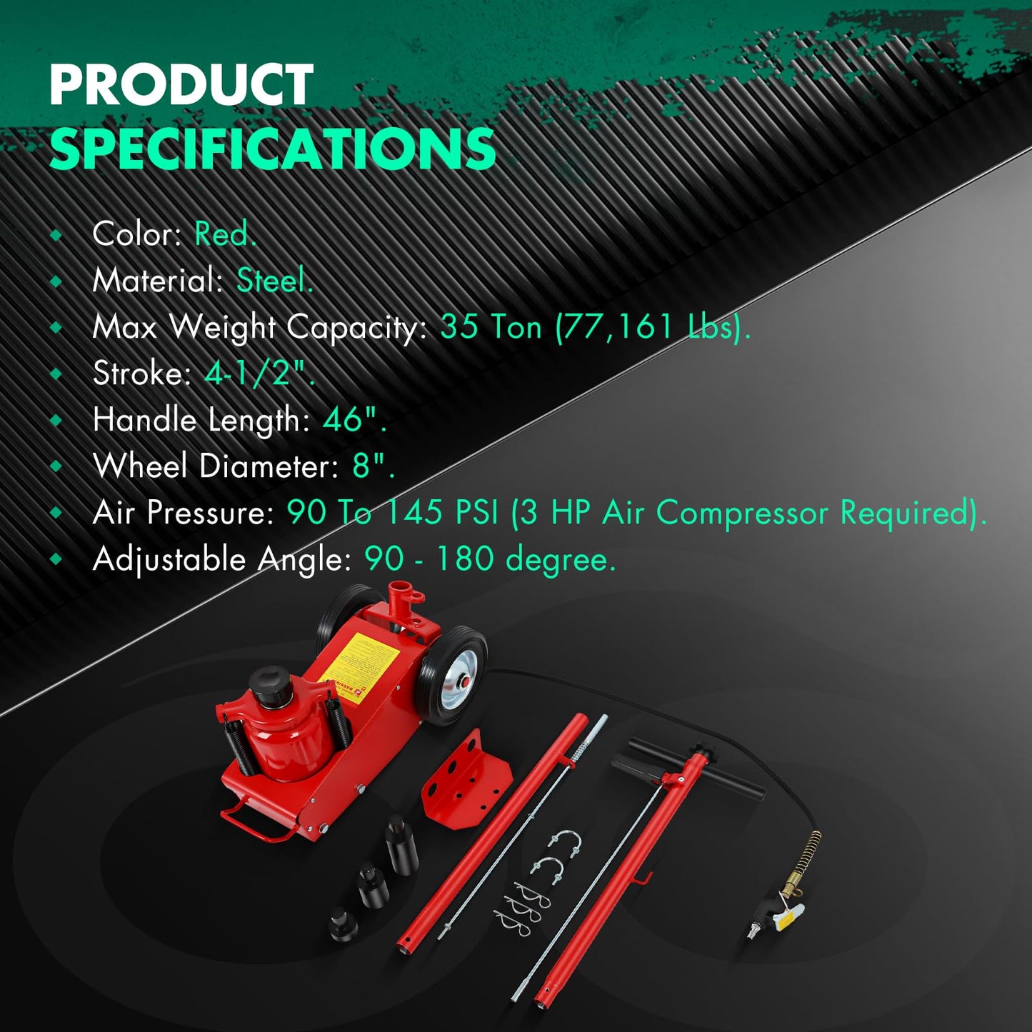 35 Ton Air Hydraulic Floor Jack (77 161 LBS) 3HP Air Compressor Compatible for Heavy-Duty Trucks Auto Repair Compact Low-Profile Design for Tandem Axle Vehicles Red