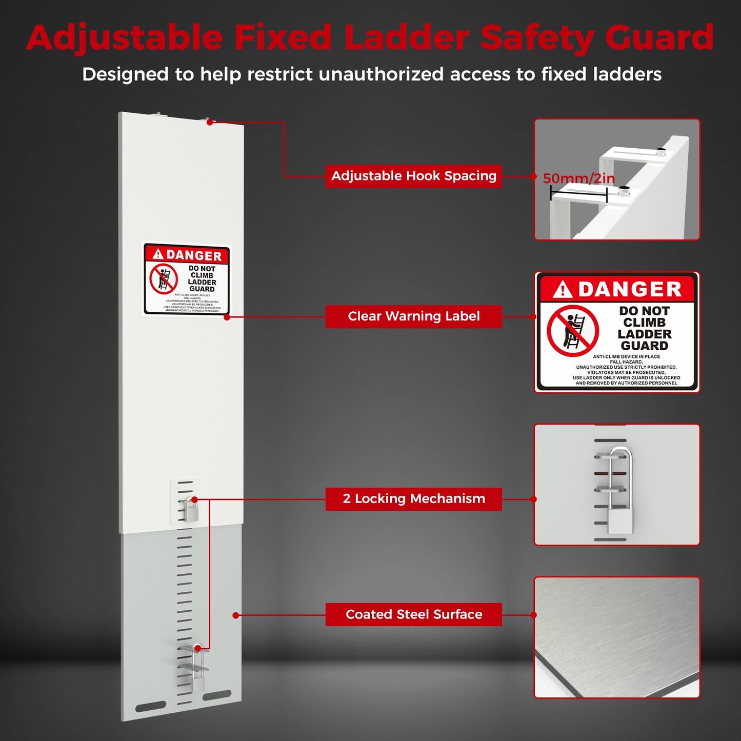 333'S Adjustable Fixed Ladder Safety Guard, Anti-Climb Ladder Guard with Adjustable Hooks and Multi-Level Length, Ladder Lockout Plate for Roof Access and Industrial Fixed Ladders, 15.7 in Wide