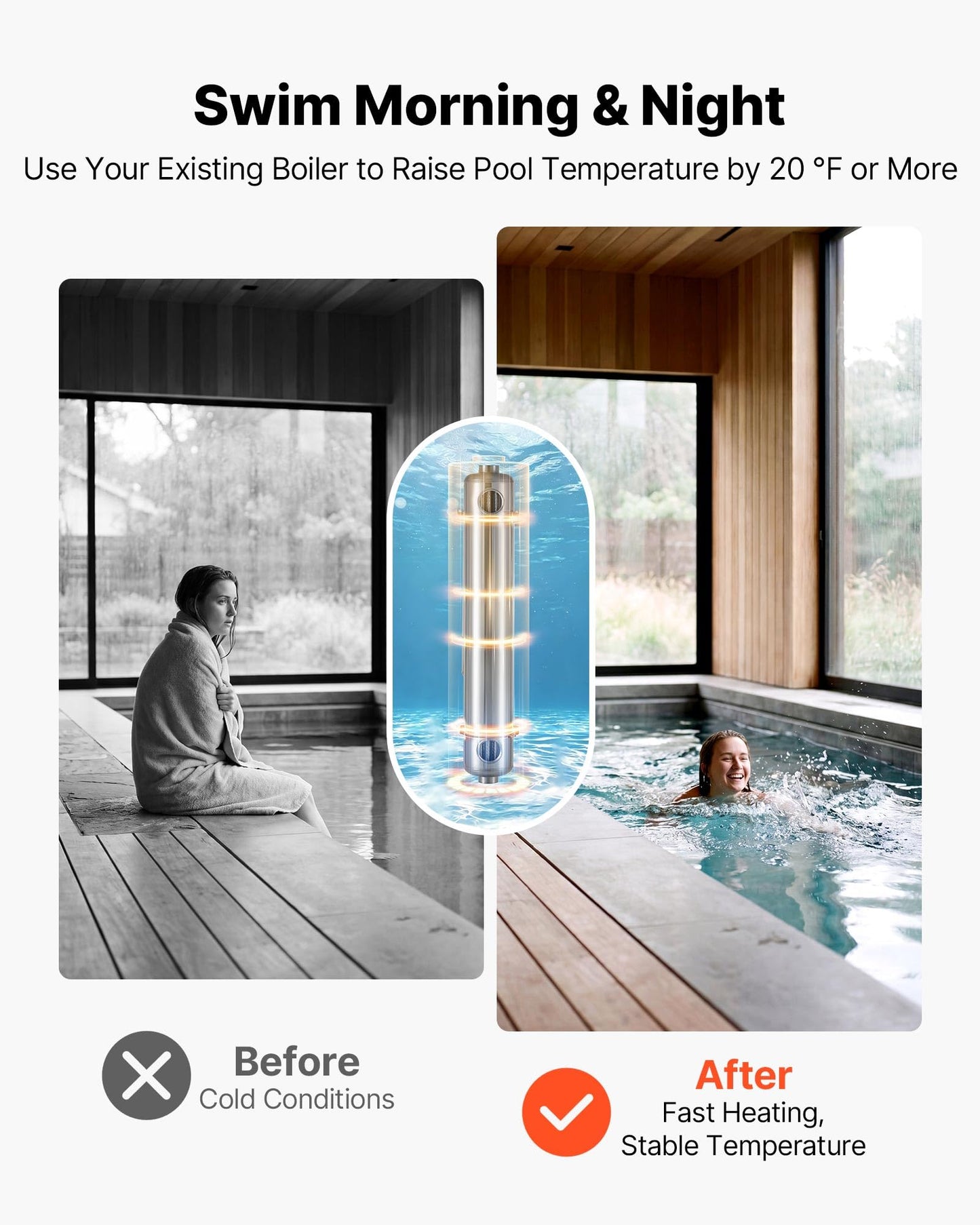 VEVOR Pool Heat Exchanger, 360K BTU Swimming Pool Heater Exchanger, 316L Stainless Steel Construction, High Efficiency Water to Water Transfer Heating System for Spa, Hot Tub, Indoor/Outdoor, Silver