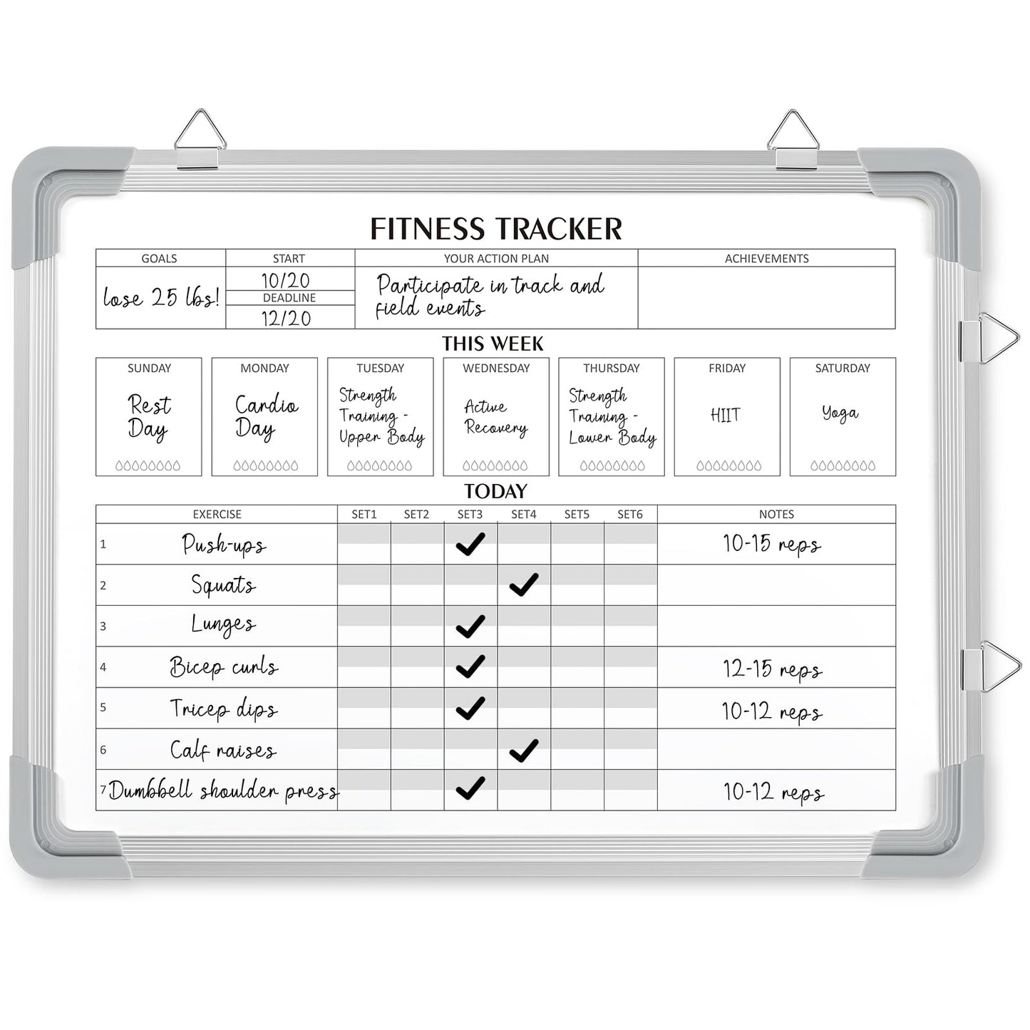 Lincia 16 x 12 Inch Fitness Tracker Whiteboard Workout Calendar for Home Gym Dry Erase Planner Hanging Removable to Do List for Wall Whiteboard with Aluminum Frame for Gym Program(Style A)